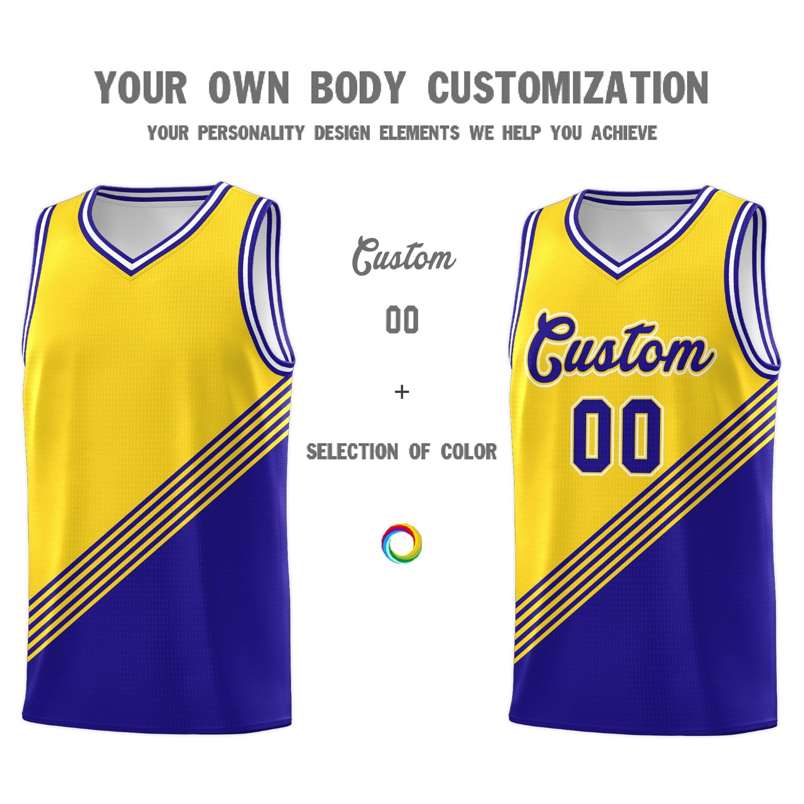 Custom Gold Royal Blue White Diagonal Stripes Color Block Sets Basketball Jersey | For Men,For Youth,Sublimation Printed,Perfect for Training,Perfect for Teams | KXKSHOP