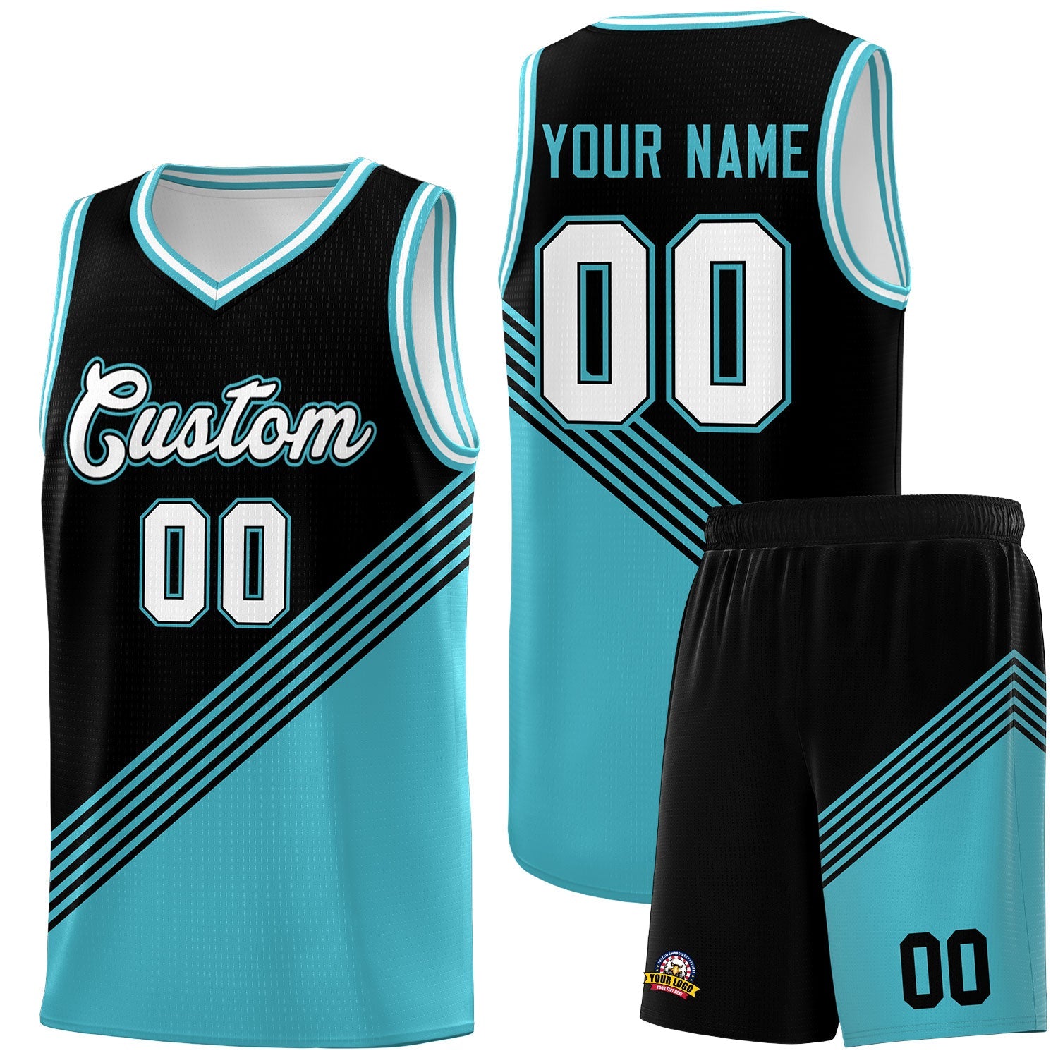 Custom Black Sky Blue White Diagonal Stripes Color Block Sets Basketball Jersey | For Men,For Youth,Sublimation Printed,Perfect for Training,Perfect for Teams | KXKSHOP