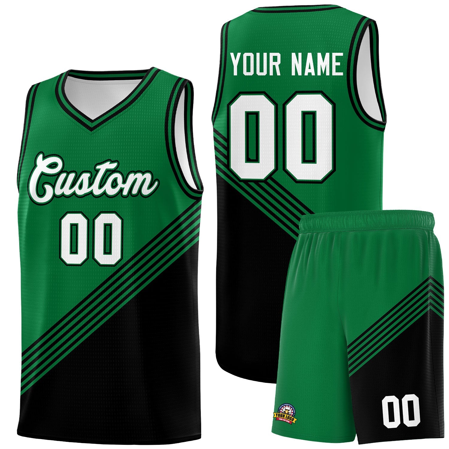 Custom Kelly Green Black Diagonal Stripes Color Block Sets Basketball Jersey | For Men,For Youth,Sublimation Printed,Perfect for Training,Perfect for Teams | KXKSHOP