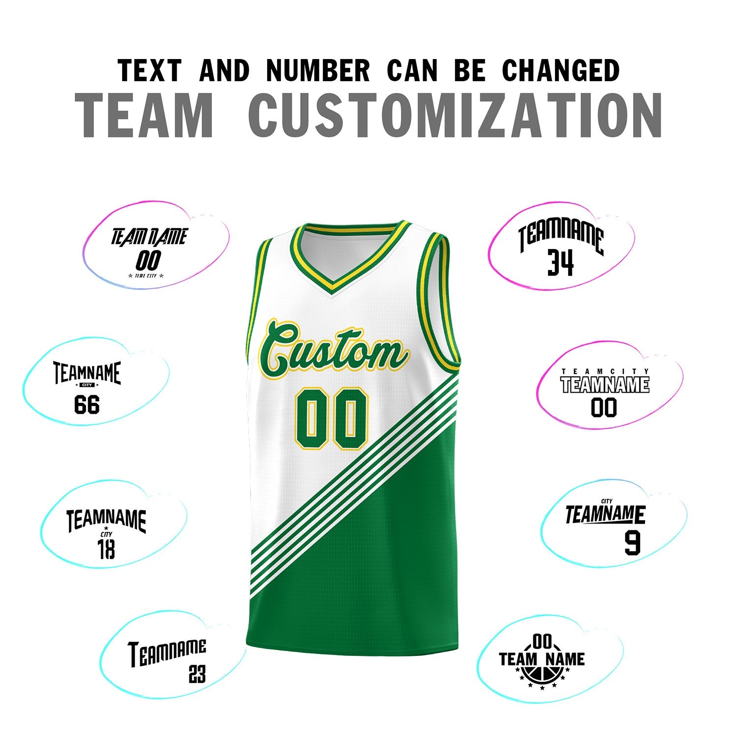 Custom White Kelly Green Gold Diagonal Stripes Color Block Sets Basketball Jersey | For Men,For Youth,Sublimation Printed,Perfect for Training,Perfect for Teams | KXKSHOP