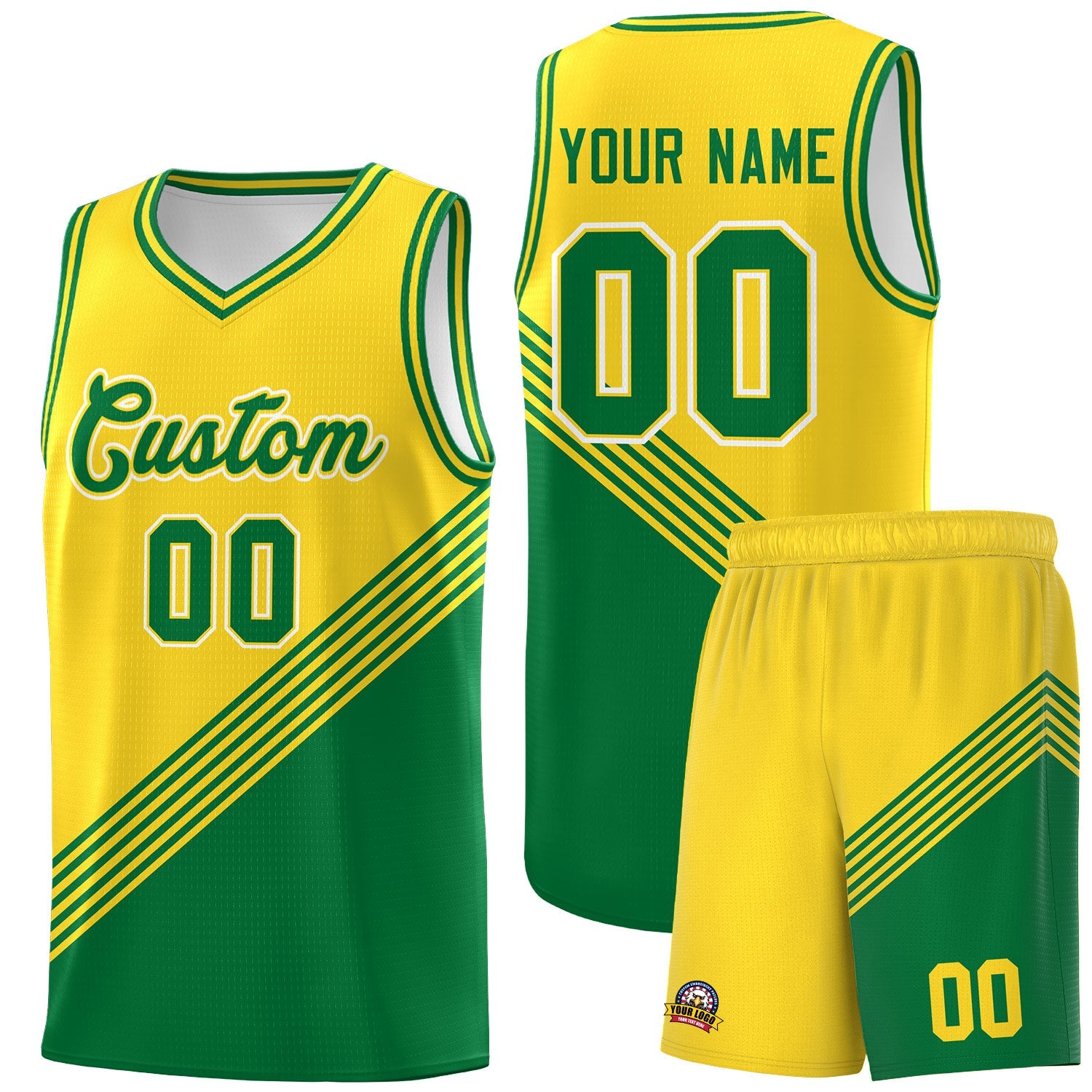 Custom Gold Kelly Green Diagonal Stripes Color Block Sets Basketball Jersey | For Men,For Youth,Sublimation Printed,Perfect for Training,Perfect for Teams | KXKSHOP