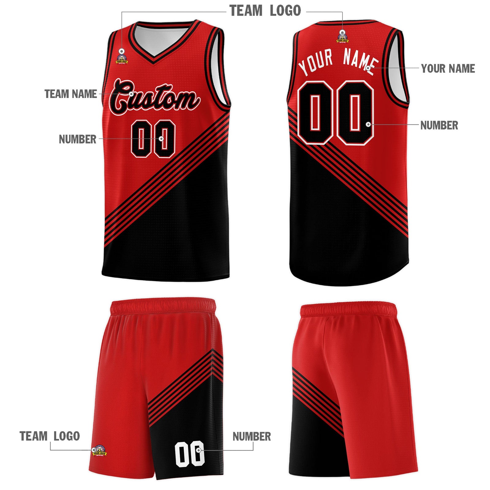 Custom Red Black Diagonal Stripes Color Block Sets Basketball Jersey | For Men,For Youth,Sublimation Printed,Perfect for Training,Perfect for Teams | KXKSHOP