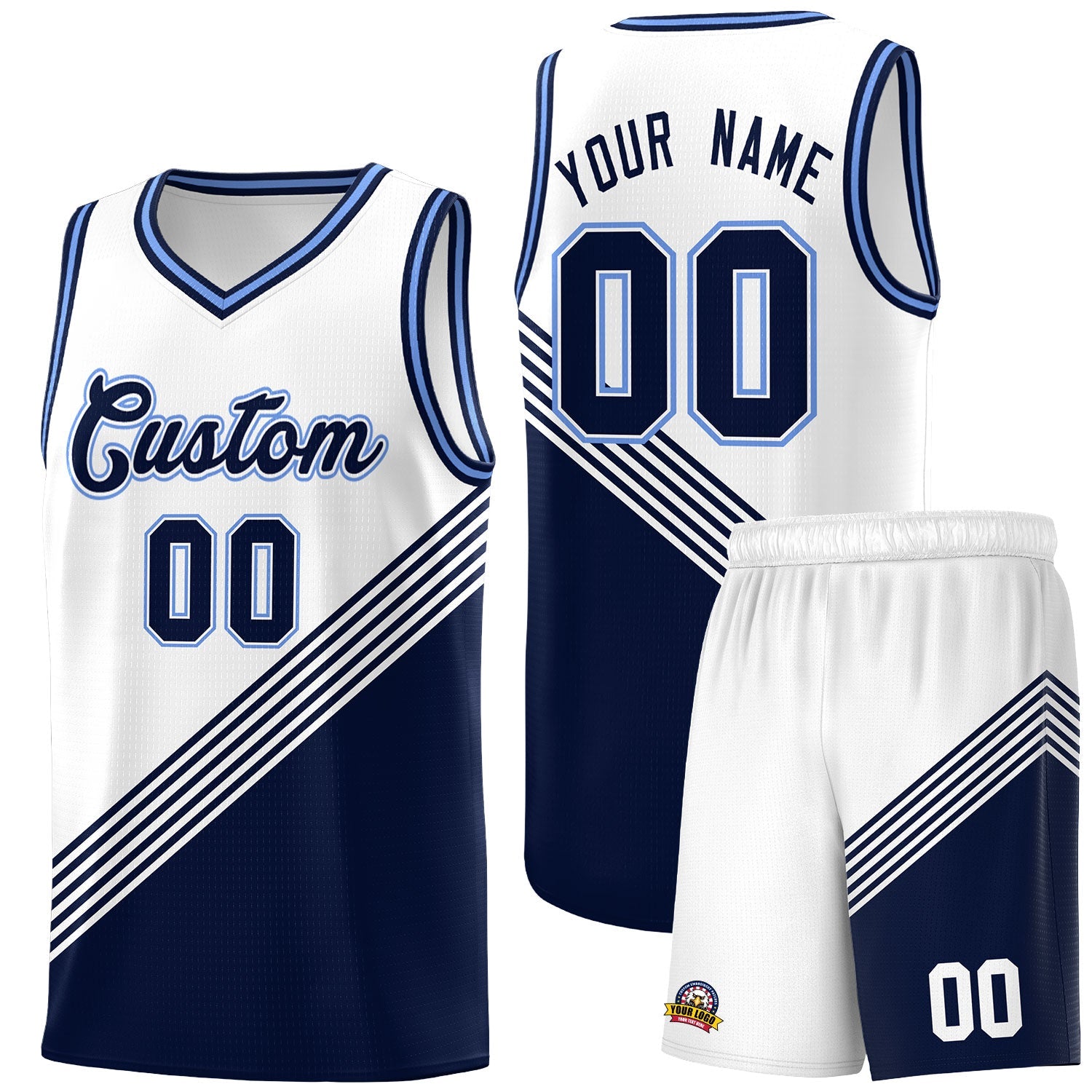 Custom White Navy Light Blue Diagonal Stripes Color Block Sets Basketball Jersey | For Men,For Youth,Sublimation Printed,Perfect for Training,Perfect for Teams | KXKSHOP