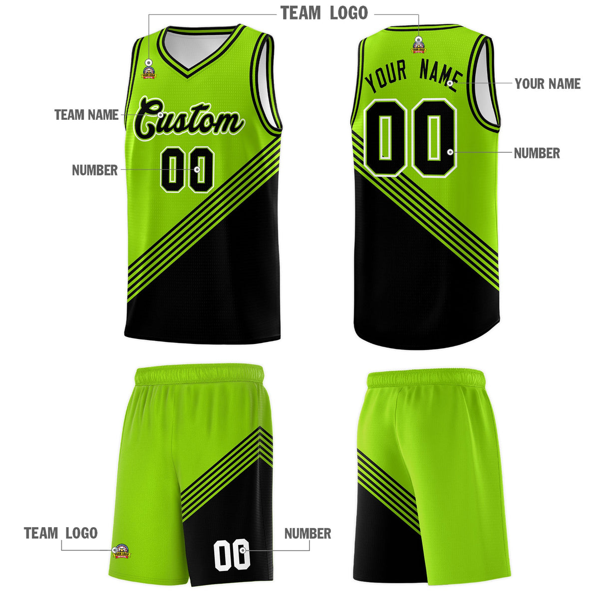 Custom Neon Green Black Diagonal Stripes Color Block Sets Basketball Jersey | For Men,For Youth,Sublimation Printed,Perfect for Training,Perfect for Teams | KXKSHOP