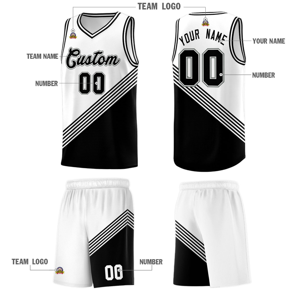 Custom White Black Diagonal Stripes Color Block Sets Basketball Jersey | For Men,For Youth,Sublimation Printed,Perfect for Training,Perfect for Teams | KXKSHOP