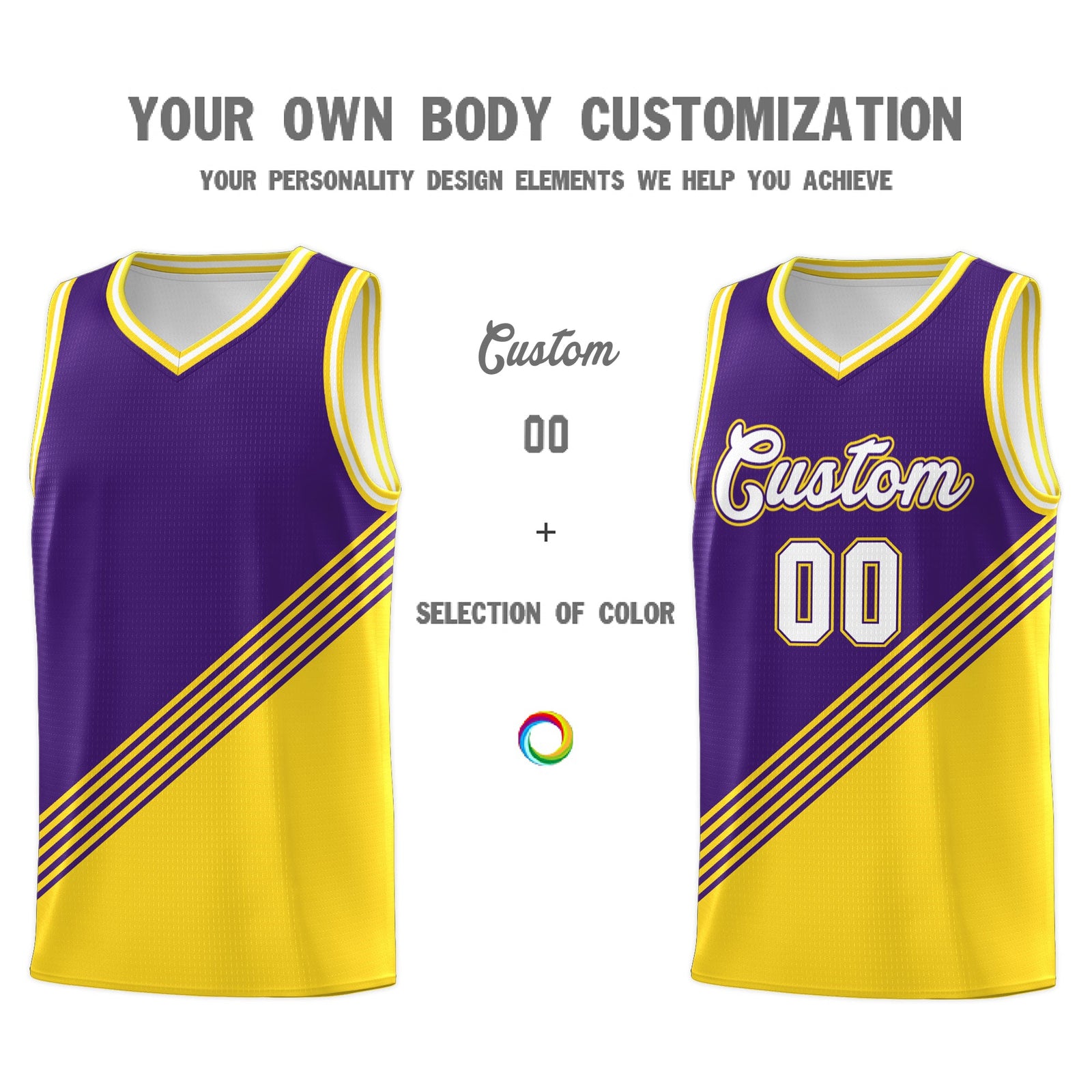 Custom Purple Gold White Diagonal Stripes Color Block Sets Basketball Jersey | For Men,For Youth,Sublimation Printed,Perfect for Training,Perfect for Teams | KXKSHOP