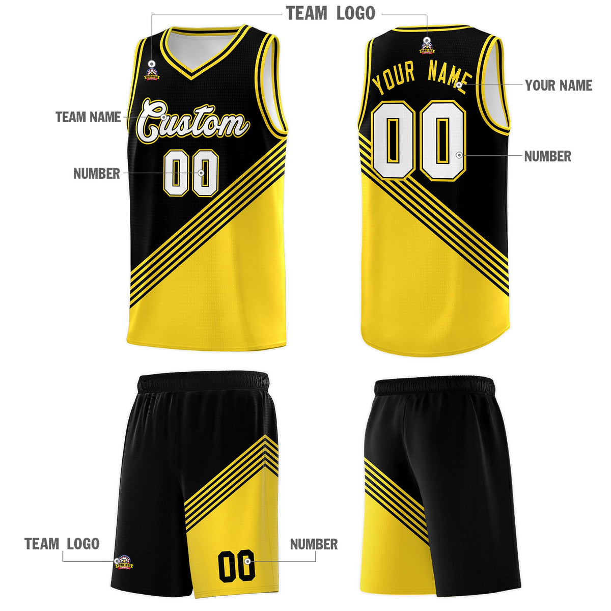 Custom Black Gold Diagonal Stripes Color Block Sets Basketball Jersey | For Men,For Youth,Sublimation Printed,Perfect for Training,Perfect for Teams | KXKSHOP