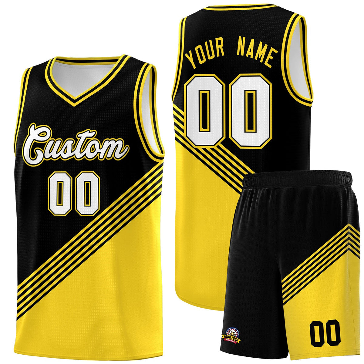 Custom Black Gold Diagonal Stripes Color Block Sets Basketball Jersey | For Men,For Youth,Sublimation Printed,Perfect for Training,Perfect for Teams | KXKSHOP