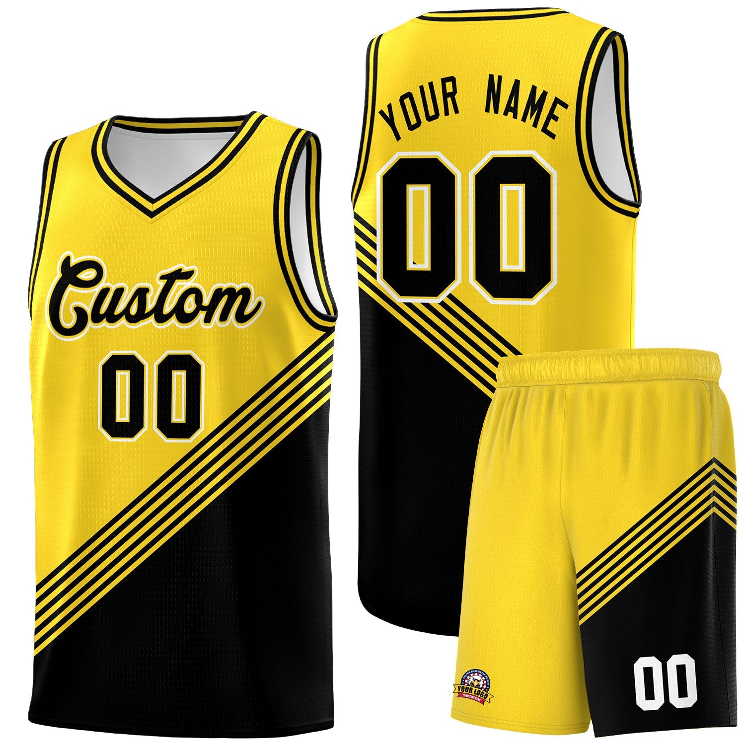 Custom Gold Black Diagonal Stripes Color Block Sets Basketball Jersey | For Men,For Youth,Sublimation Printed,Perfect for Training,Perfect for Teams | KXKSHOP