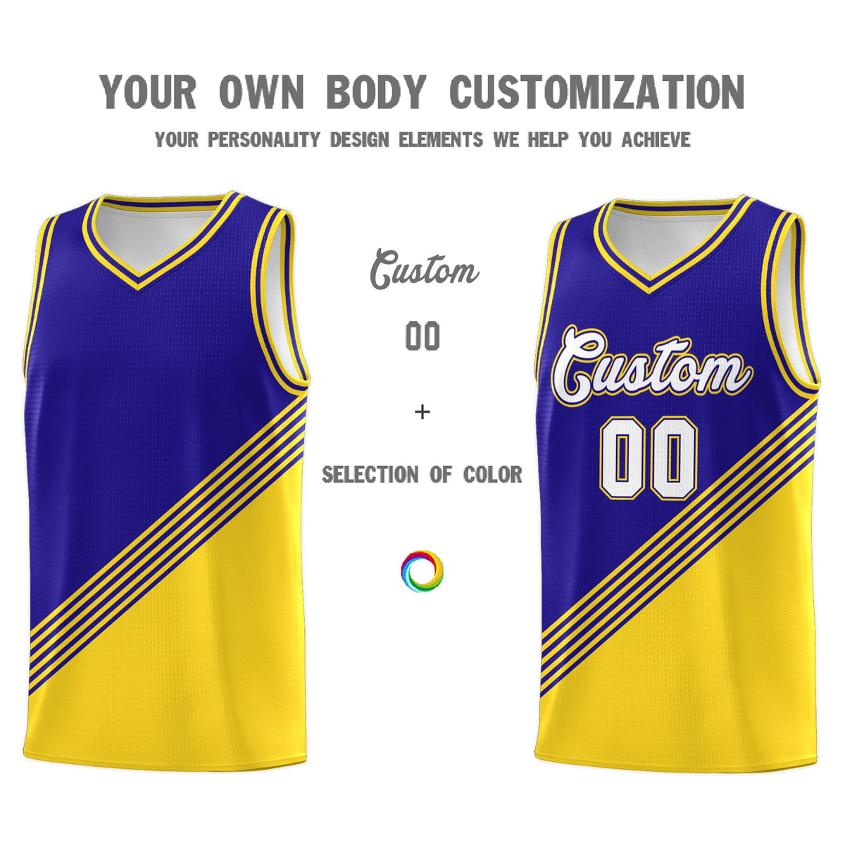 Custom Royal Blue Gold Diagonal Stripes Color Block Sets Basketball Jersey | For Men,For Youth,Sublimation Printed,Perfect for Training,Perfect for Teams | KXKSHOP