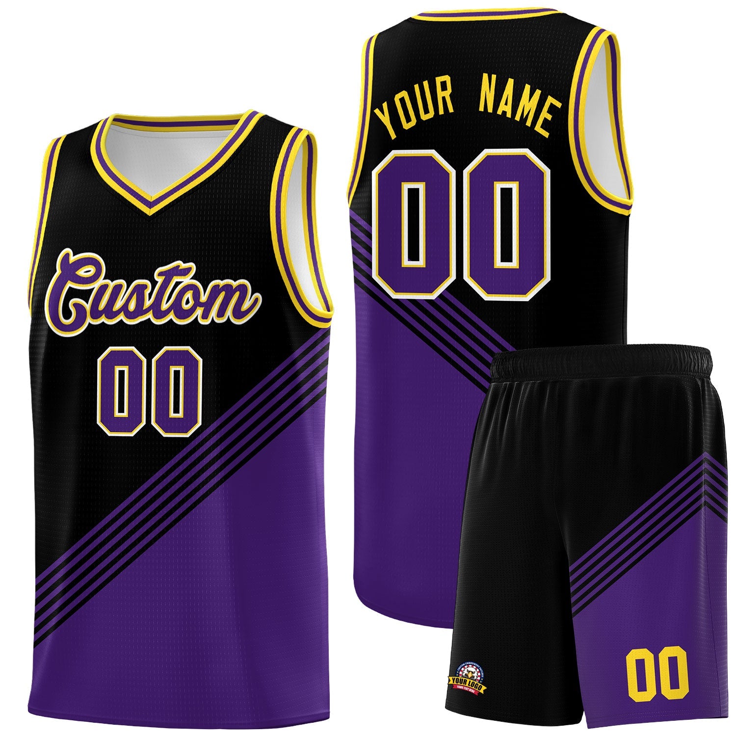 Custom Black Purple Gold Diagonal Stripes Color Block Sets Basketball Jersey | For Men,For Youth,Sublimation Printed,Perfect for Training,Perfect for Teams | KXKSHOP