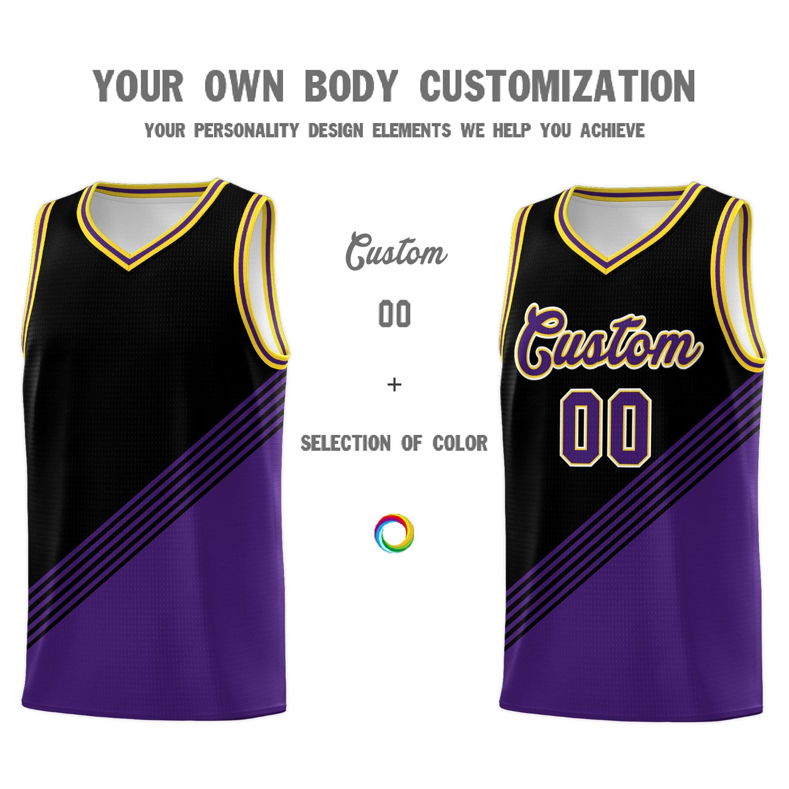Custom Black Purple Gold Diagonal Stripes Color Block Sets Basketball Jersey | For Men,For Youth,Sublimation Printed,Perfect for Training,Perfect for Teams | KXKSHOP