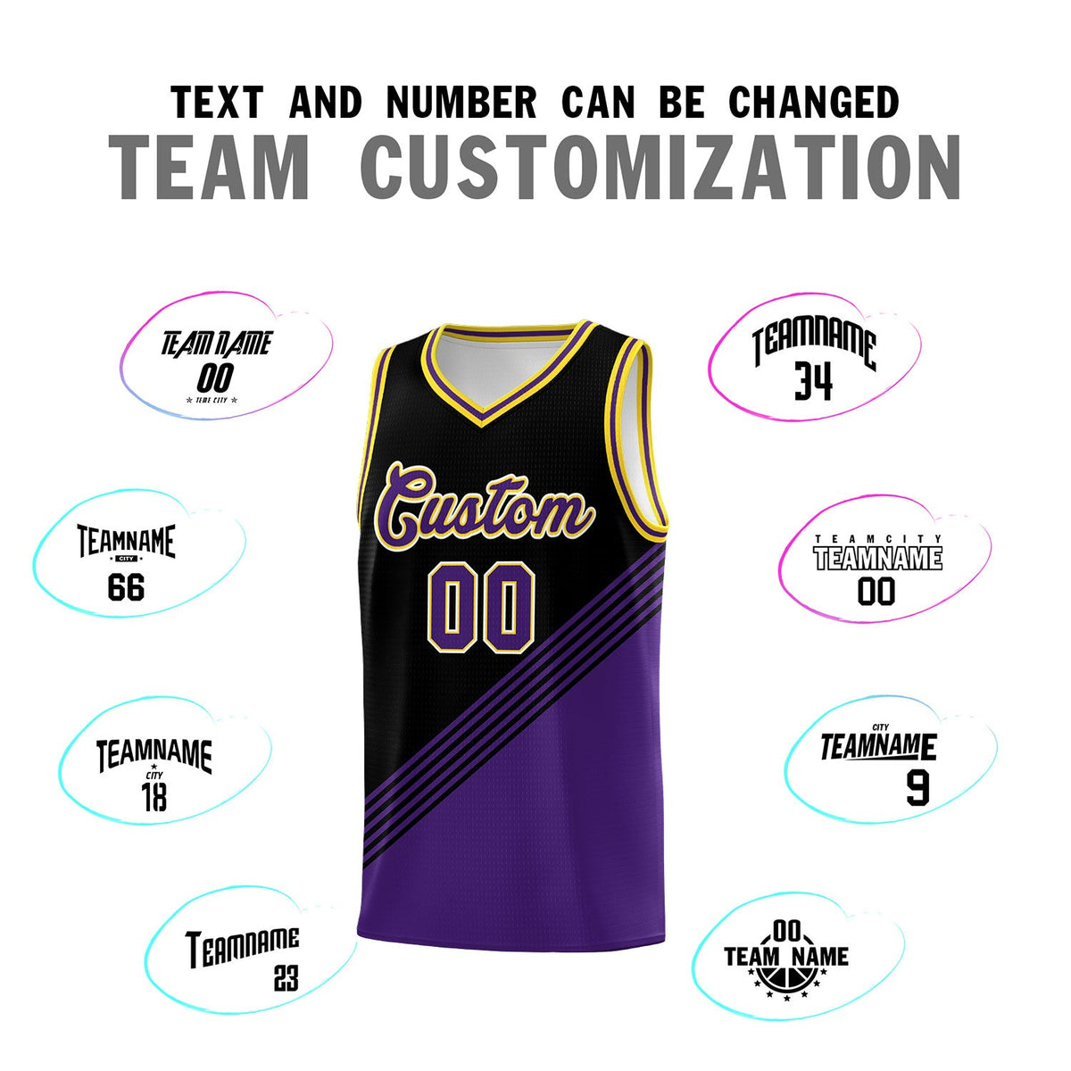Custom Black Purple Gold Diagonal Stripes Color Block Sets Basketball Jersey | For Men,For Youth,Sublimation Printed,Perfect for Training,Perfect for Teams | KXKSHOP