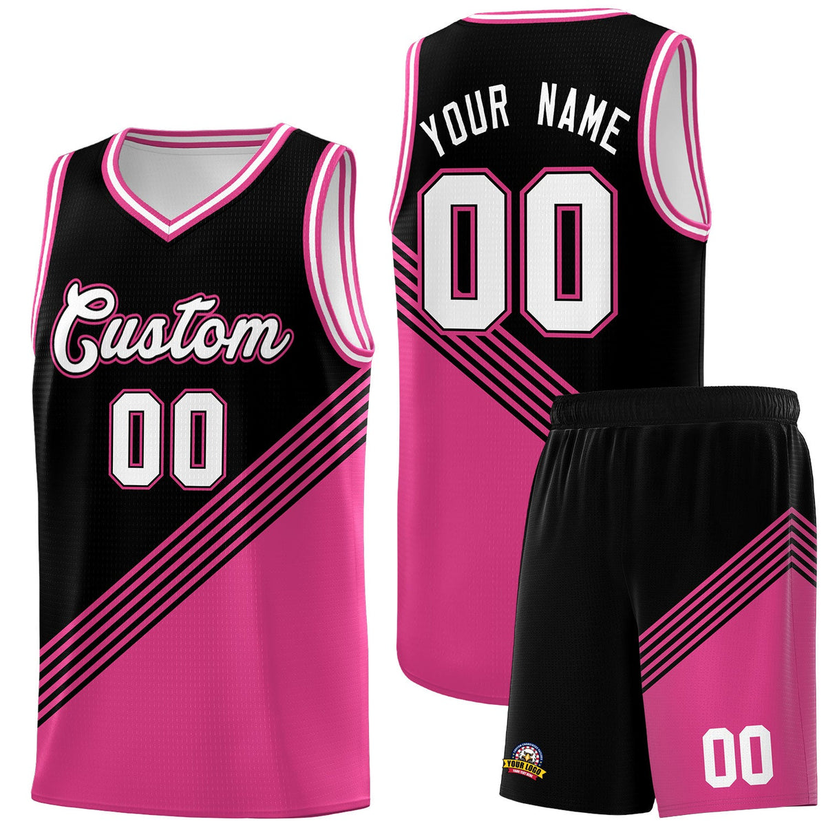 Custom Black Pink White Diagonal Stripes Color Block Sets Basketball Jersey | For Men,For Youth,Sublimation Printed,Perfect for Training,Perfect for Teams | KXKSHOP