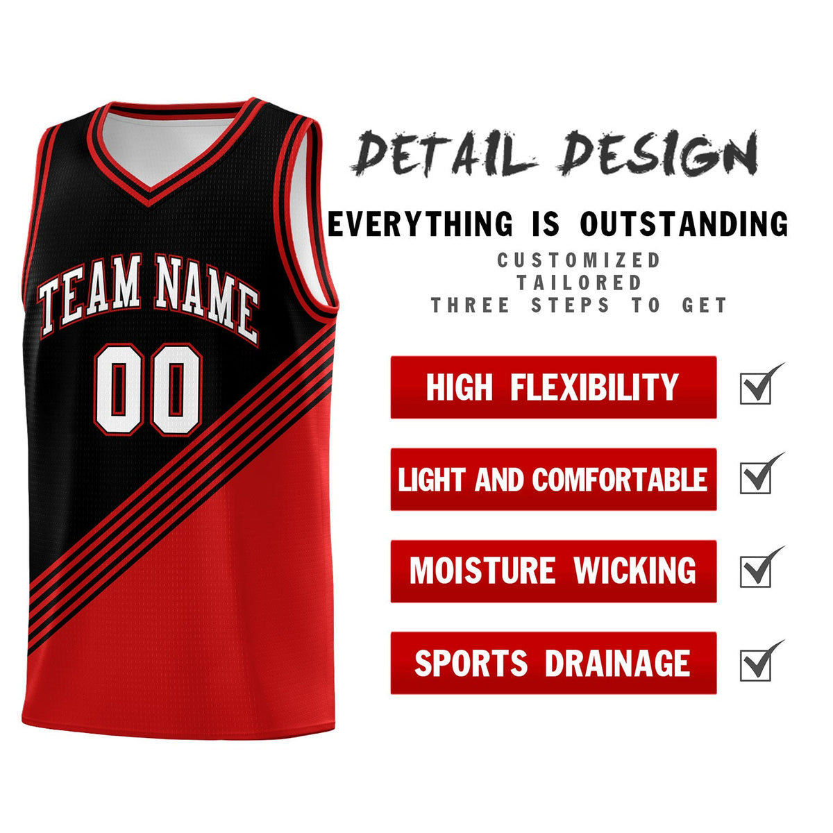 Custom Black Red Diagonal Stripes Color Block Sets Basketball Jersey | For Men,For Youth,Sublimation Printed,Perfect for Training,Perfect for Teams | KXKSHOP