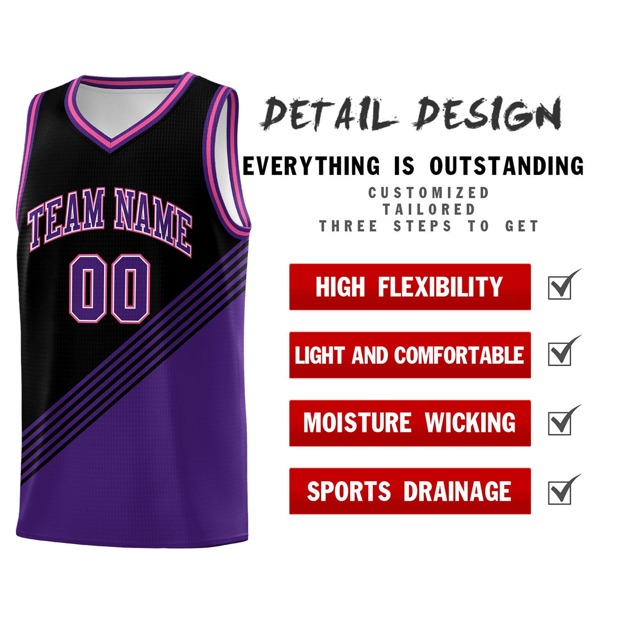 Custom Black Purple Pink Diagonal Stripes Color Block Sets Basketball Jersey | For Men,For Youth,Sublimation Printed,Perfect for Training,Perfect for Teams | KXKSHOP