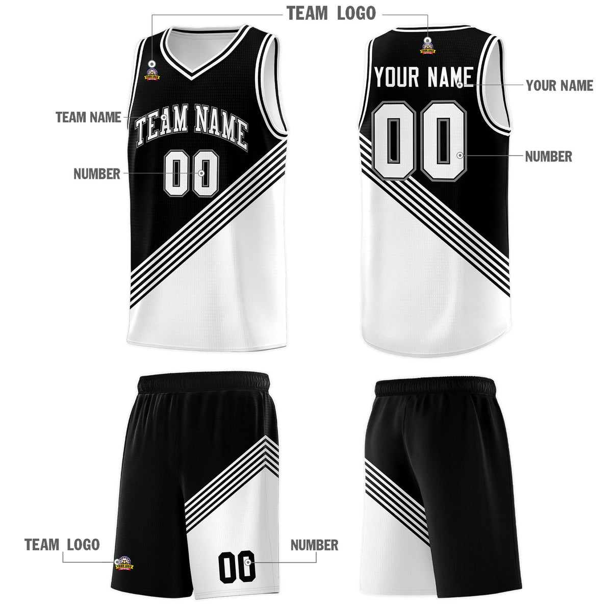 Custom Black White Diagonal Stripes Color Block Sets Basketball Jersey | For Men,For Youth,Sublimation Printed,Perfect for Training,Perfect for Teams | KXKSHOP