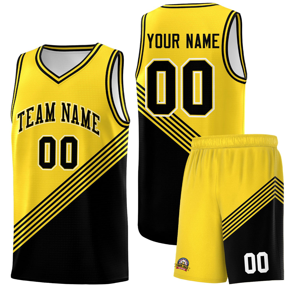 Custom Gold Black Diagonal Stripes Color Block Sets Basketball Jersey | For Men,For Youth,Sublimation Printed,Perfect for Training,Perfect for Teams | KXKSHOP