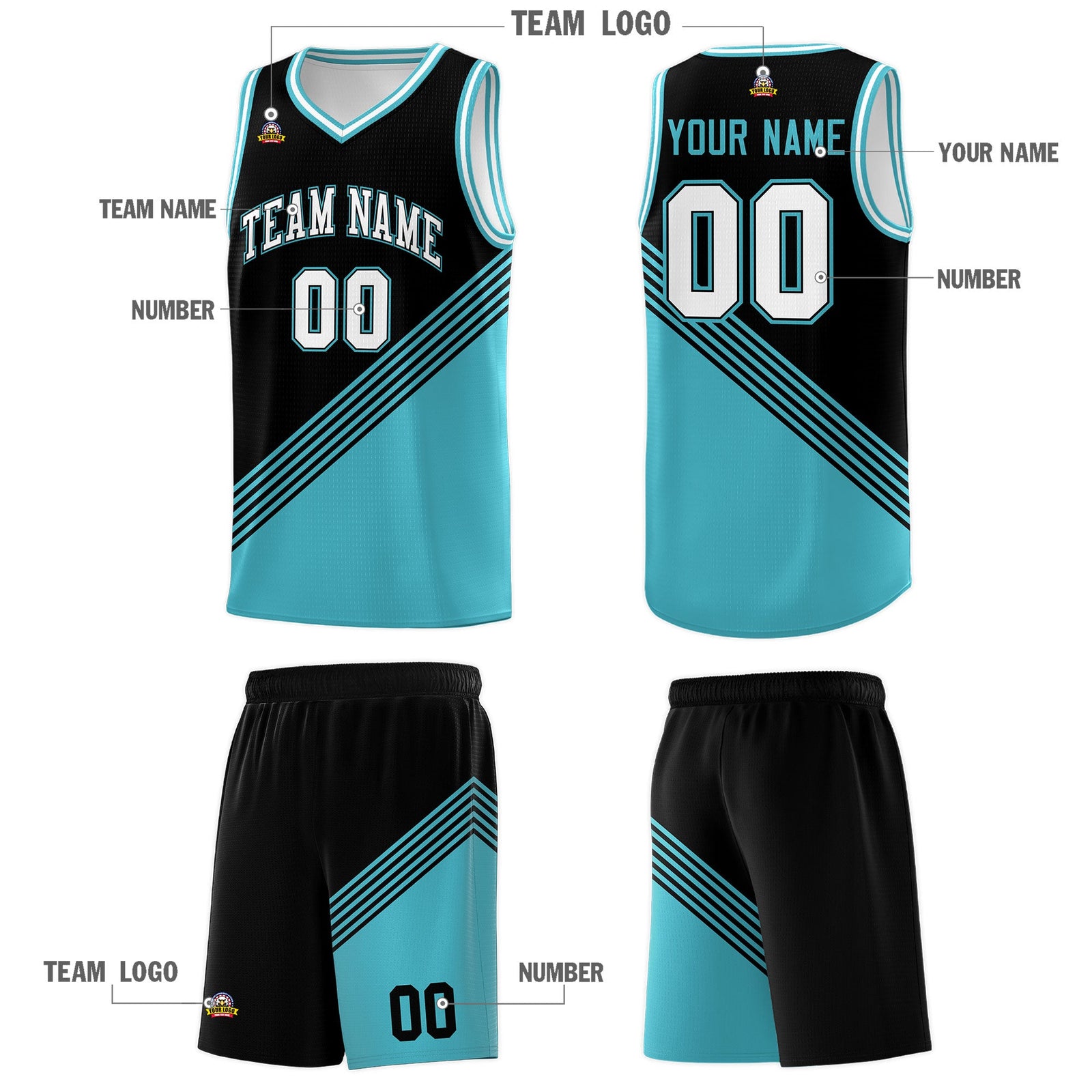 Custom Black Sky Blue White Diagonal Stripes Color Block Sets Basketball Jersey | For Men,For Youth,Sublimation Printed,Perfect for Training,Perfect for Teams | KXKSHOP