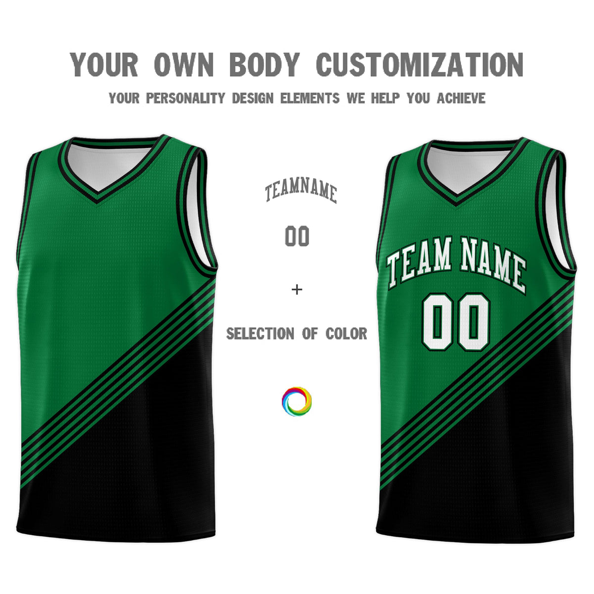 Custom Kelly Green Black Diagonal Stripes Color Block Sets Basketball Jersey | For Men,For Youth,Sublimation Printed,Perfect for Training,Perfect for Teams | KXKSHOP