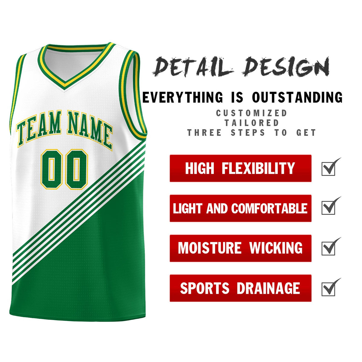 Custom White Kelly Green Gold Diagonal Stripes Color Block Sets Basketball Jersey | For Men,For Youth,Sublimation Printed,Perfect for Training,Perfect for Teams | KXKSHOP