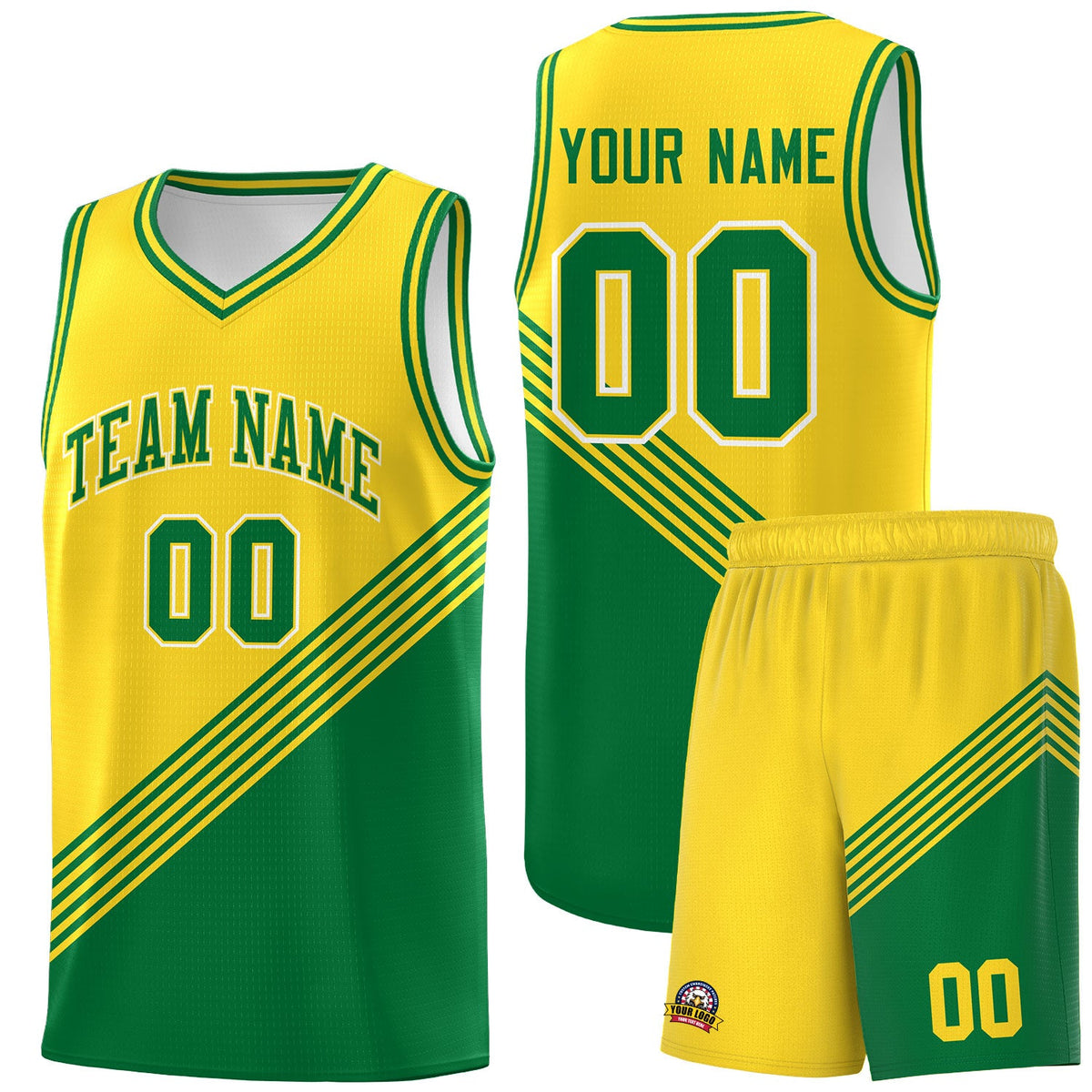 Custom Gold Kelly Green Diagonal Stripes Color Block Sets Basketball Jersey | For Men,For Youth,Sublimation Printed,Perfect for Training,Perfect for Teams | KXKSHOP