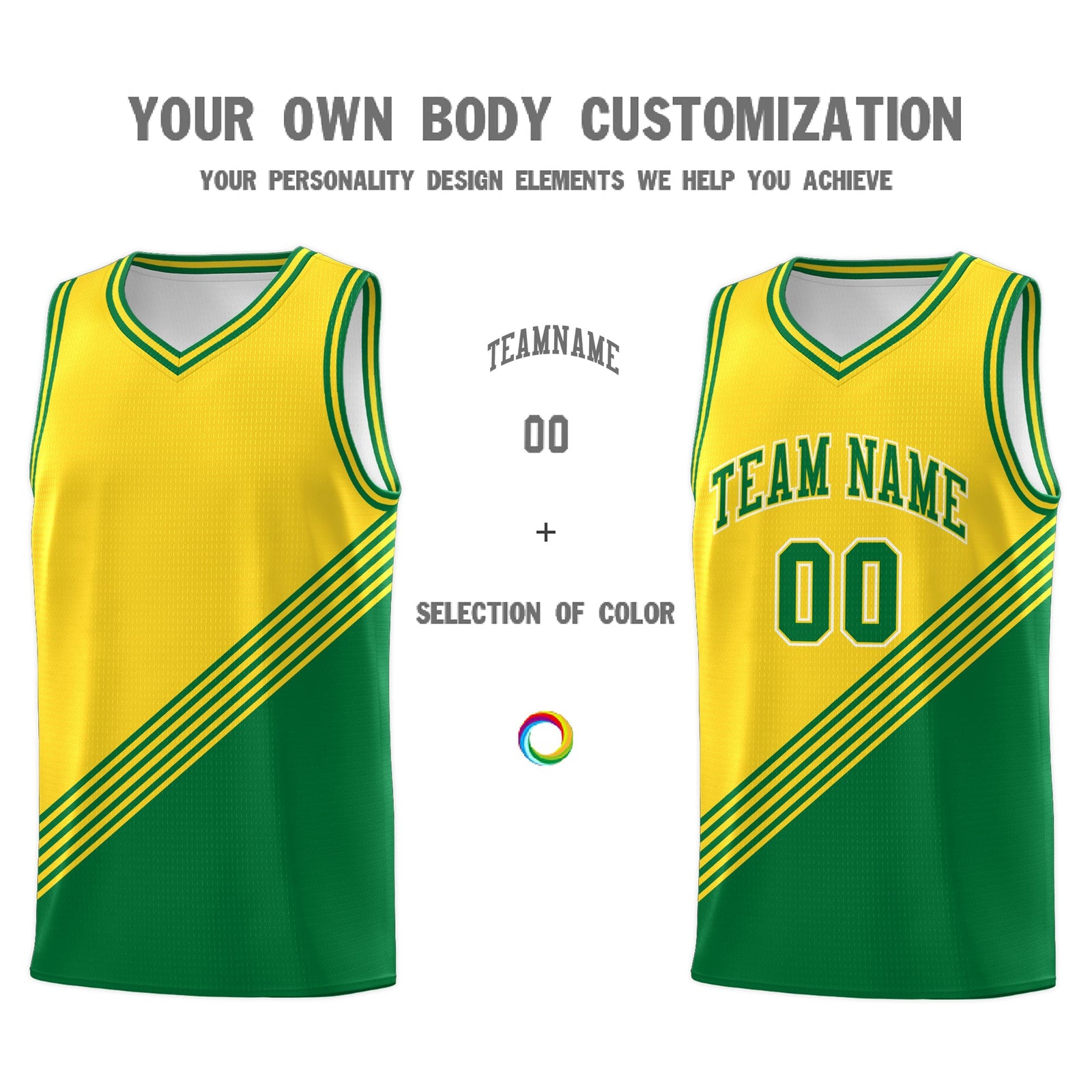 Custom Gold Kelly Green Diagonal Stripes Color Block Sets Basketball Jersey | For Men,For Youth,Sublimation Printed,Perfect for Training,Perfect for Teams | KXKSHOP