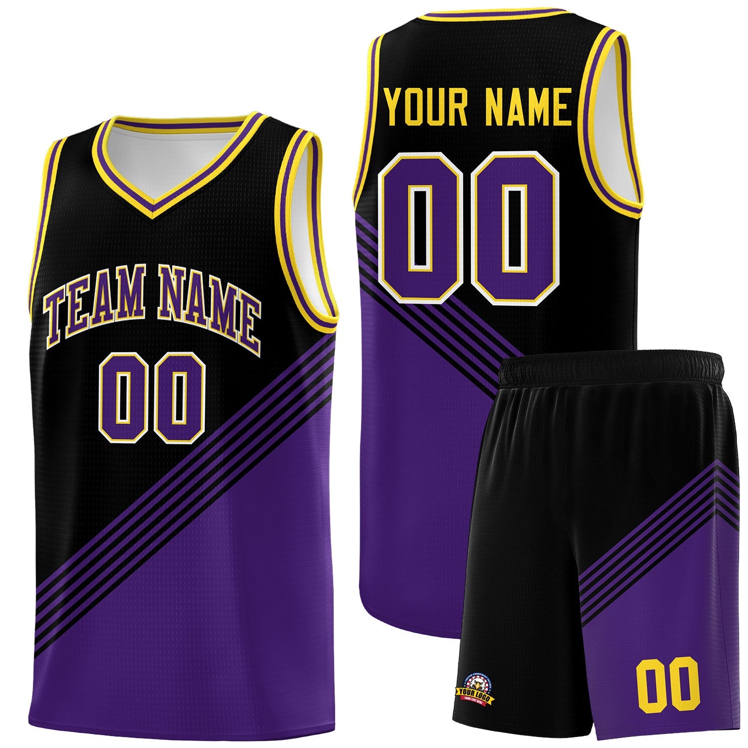 Custom Black Purple Gold Diagonal Stripes Color Block Sets Basketball Jersey | For Men,For Youth,Sublimation Printed,Perfect for Training,Perfect for Teams | KXKSHOP