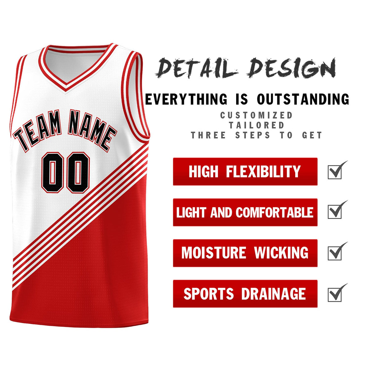 Custom White Red Diagonal Stripes Color Block Sets Basketball Jersey | For Men,For Youth,Sublimation Printed,Perfect for Training,Perfect for Teams | KXKSHOP