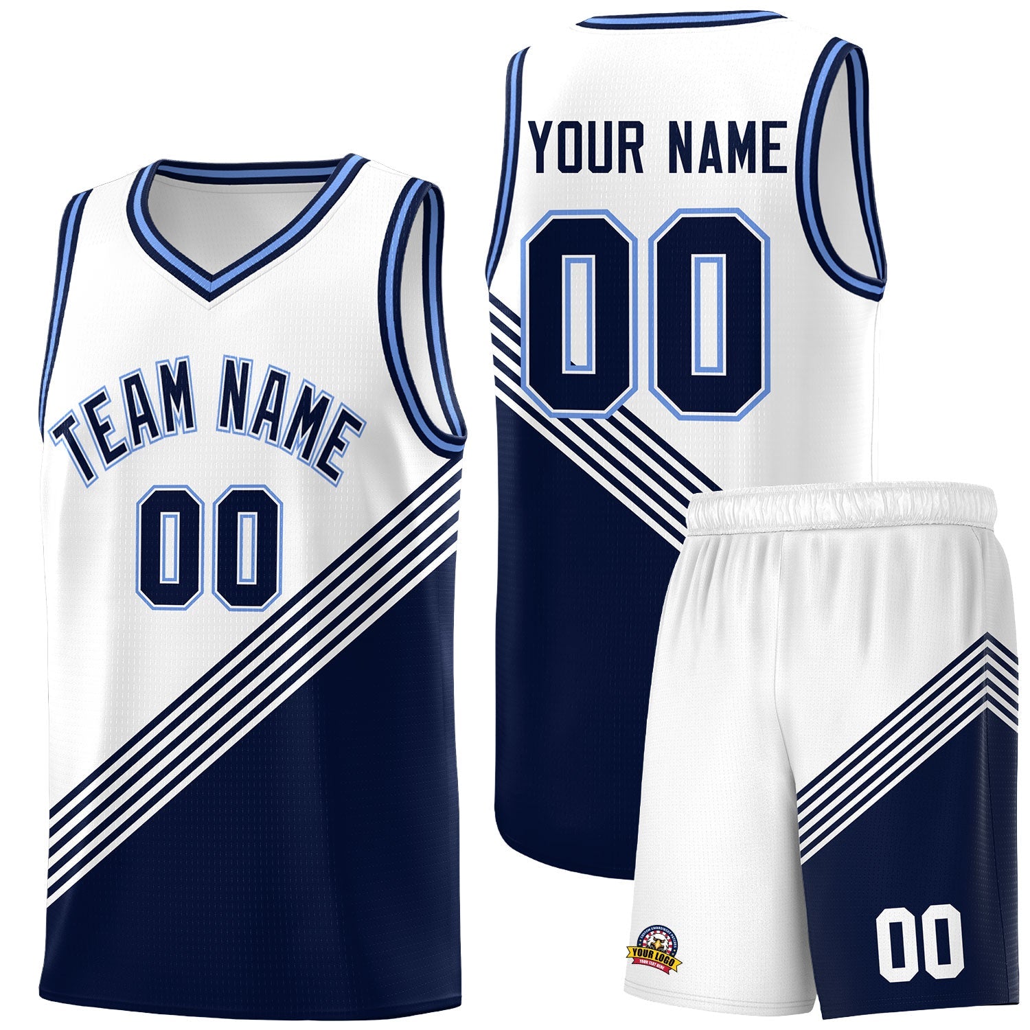 Custom White Navy Light Blue Diagonal Stripes Color Block Sets Basketball Jersey | For Men,For Youth,Sublimation Printed,Perfect for Training,Perfect for Teams | KXKSHOP