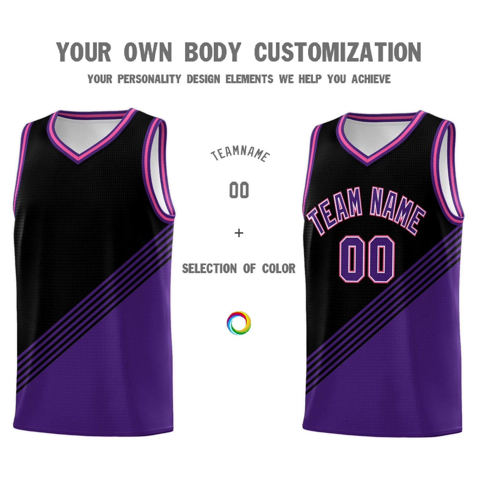 Custom Black Purple Pink Diagonal Stripes Color Block Sets Basketball Jersey | For Men,For Youth,Sublimation Printed,Perfect for Training,Perfect for Teams | KXKSHOP