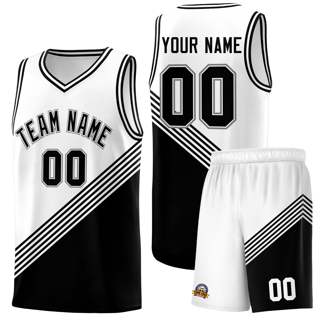 Custom White Black Diagonal Stripes Color Block Sets Basketball Jersey | For Men,For Youth,Sublimation Printed,Perfect for Training,Perfect for Teams | KXKSHOP
