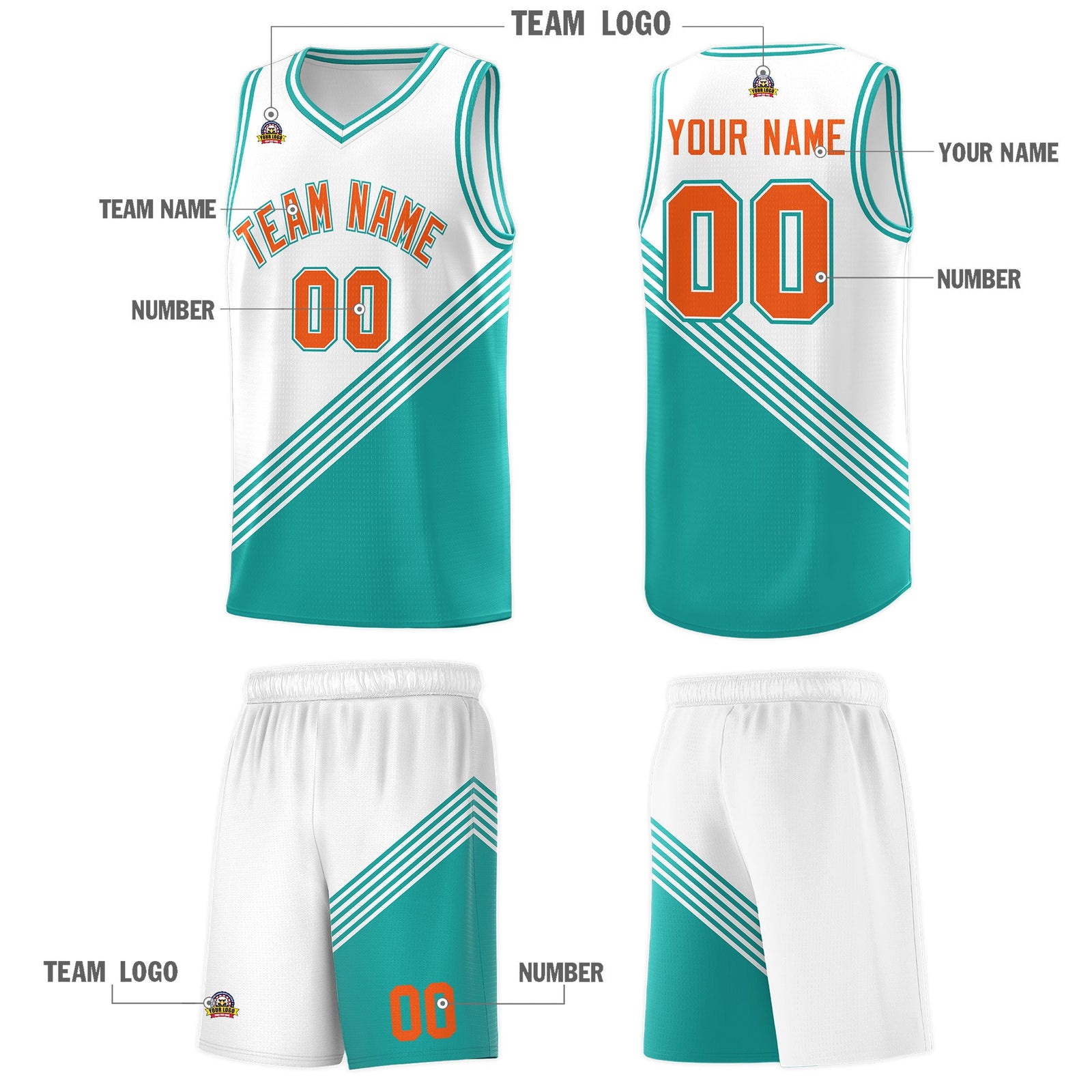 Custom White Aqua Diagonal Stripes Color Block Sets Basketball Jersey | For Men,For Youth,Sublimation Printed,Perfect for Training,Perfect for Teams | KXKSHOP