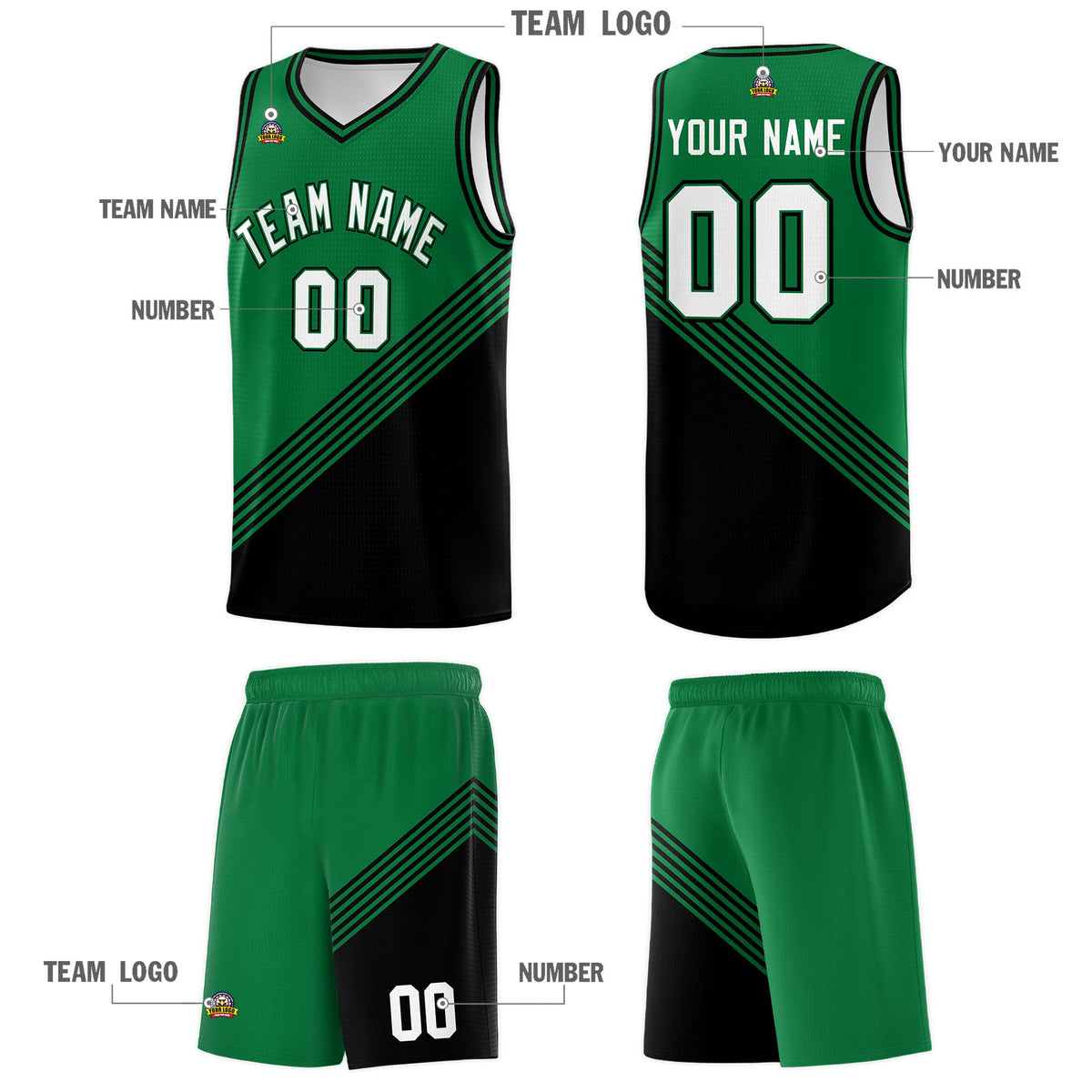 Custom Kelly Green Black Diagonal Stripes Color Block Sets Basketball Jersey | For Men,For Youth,Sublimation Printed,Perfect for Training,Perfect for Teams | KXKSHOP