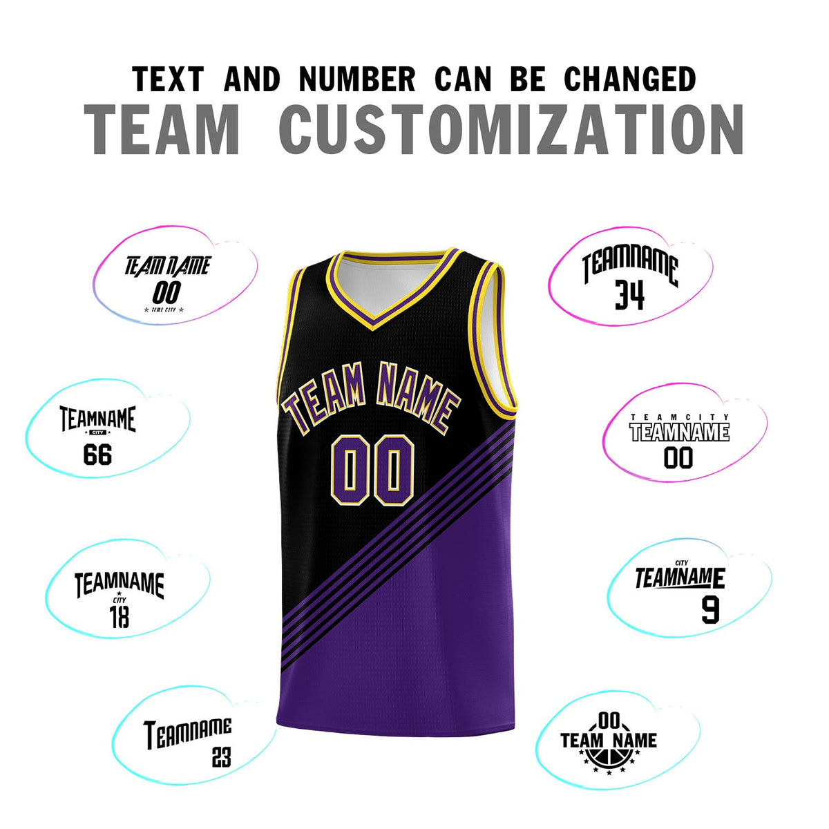 Custom Black Purple Gold Diagonal Stripes Color Block Sets Basketball Jersey | For Men,For Youth,Sublimation Printed,Perfect for Training,Perfect for Teams | KXKSHOP