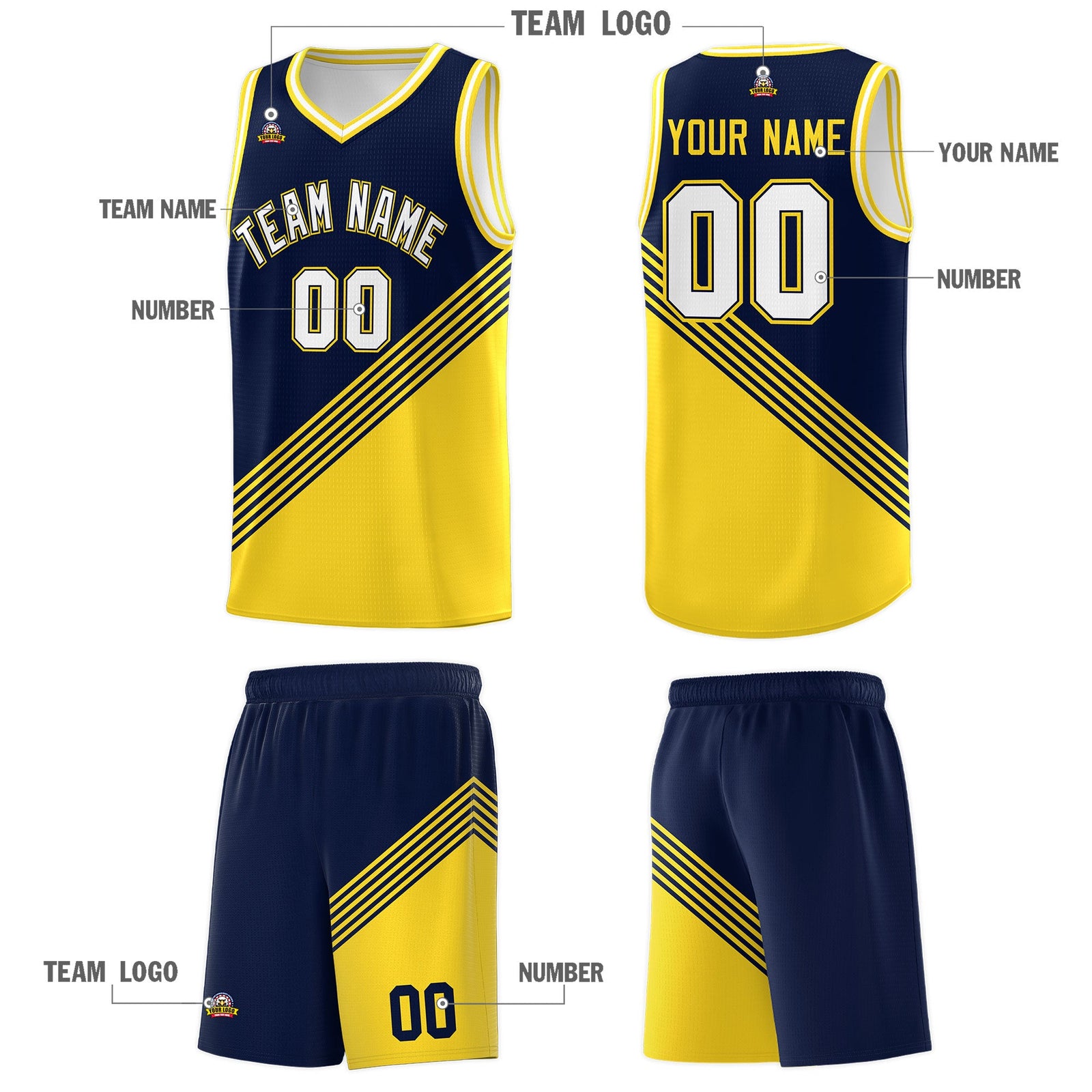 Custom Navy Gold White Diagonal Stripes Color Block Sets Basketball Jersey | For Men,For Youth,Sublimation Printed,Perfect for Training,Perfect for Teams | KXKSHOP