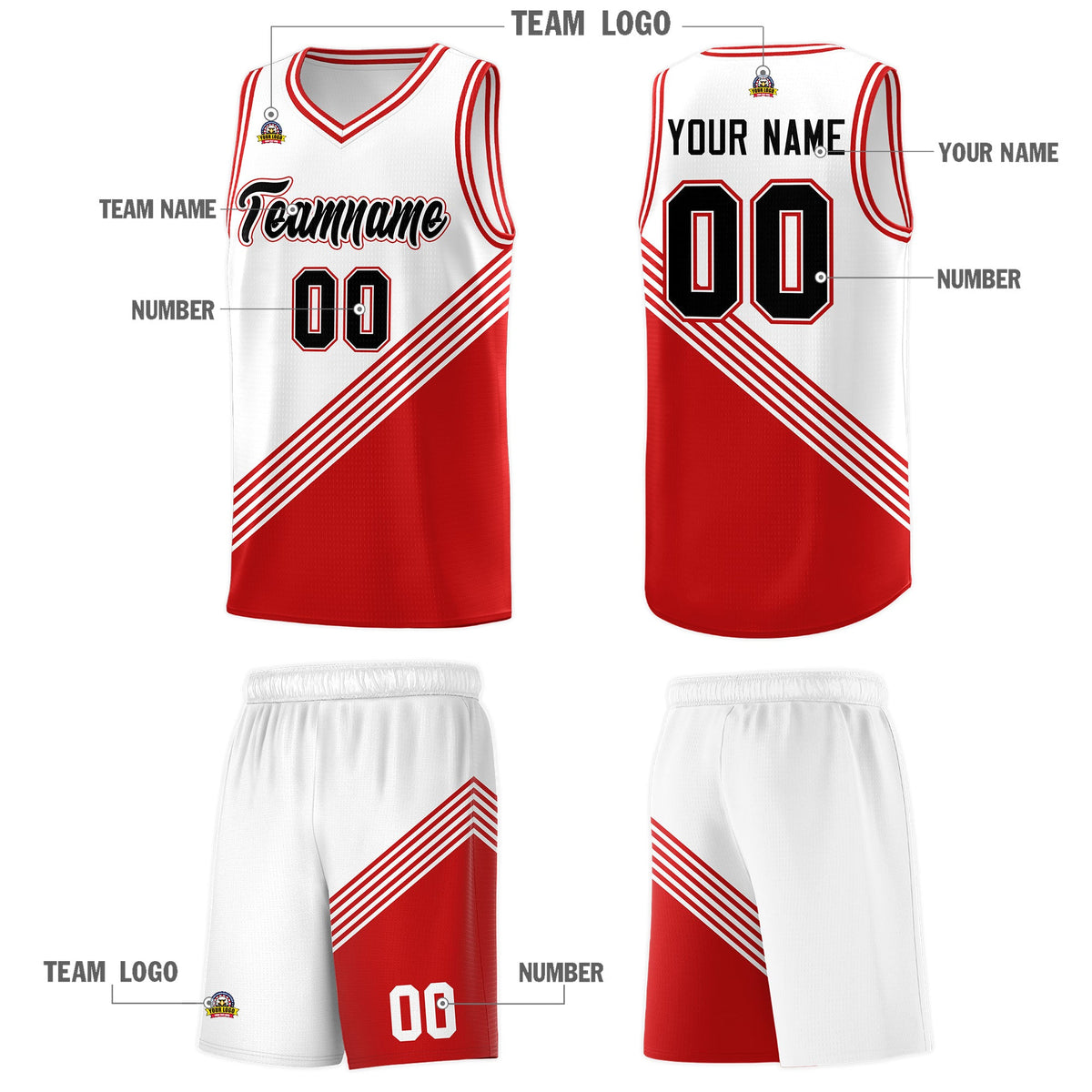 Custom White Red Diagonal Stripes Color Block Sets Basketball Jersey | For Men,For Youth,Sublimation Printed,Perfect for Training,Perfect for Teams | KXKSHOP