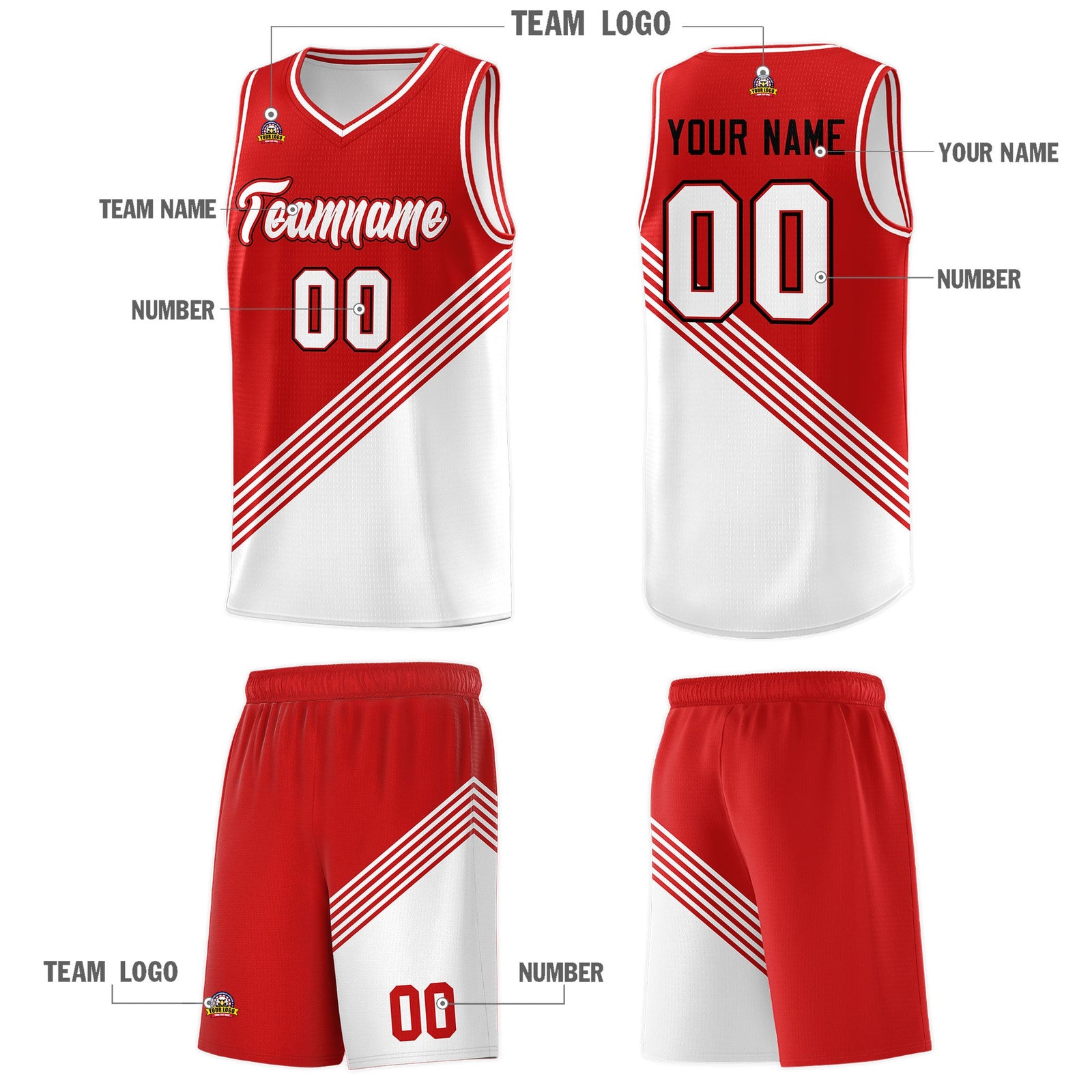 Custom Red White Diagonal Stripes Color Block Sets Basketball Jersey | For Men,For Youth,Sublimation Printed,Perfect for Training,Perfect for Teams | KXKSHOP
