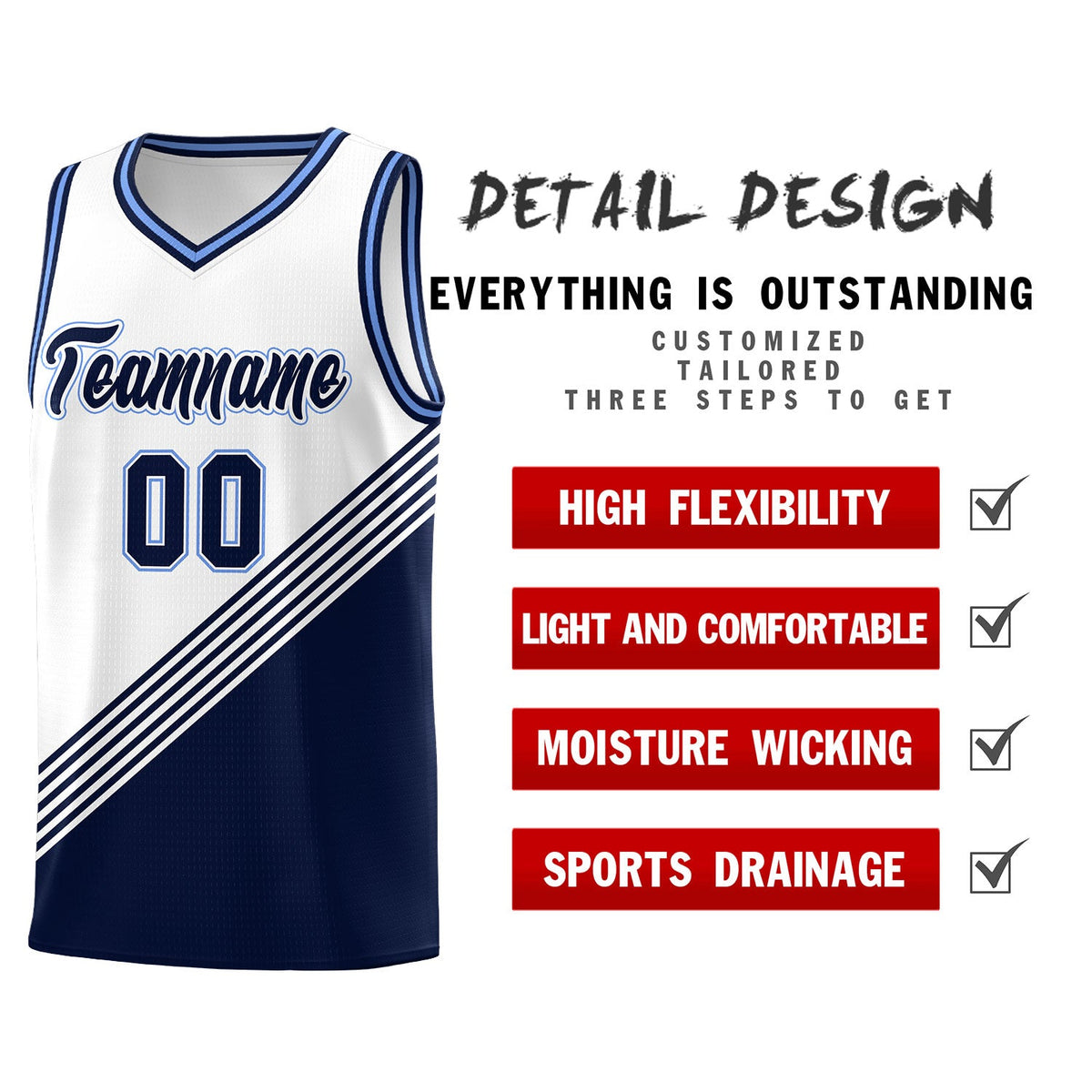 Custom White Navy Light Blue Diagonal Stripes Color Block Sets Basketball Jersey | For Men,For Youth,Sublimation Printed,Perfect for Training,Perfect for Teams | KXKSHOP