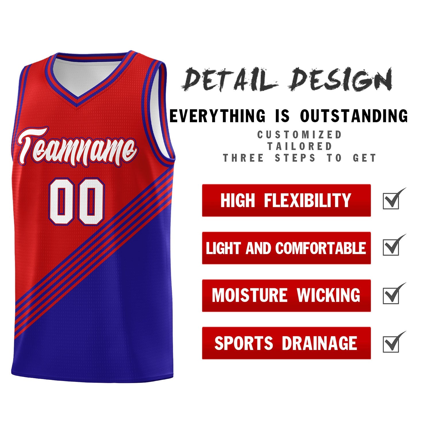 Custom Red Royal Blue Diagonal Stripes Color Block Sets Basketball Jersey | For Men,For Youth,Sublimation Printed,Perfect for Training,Perfect for Teams | KXKSHOP