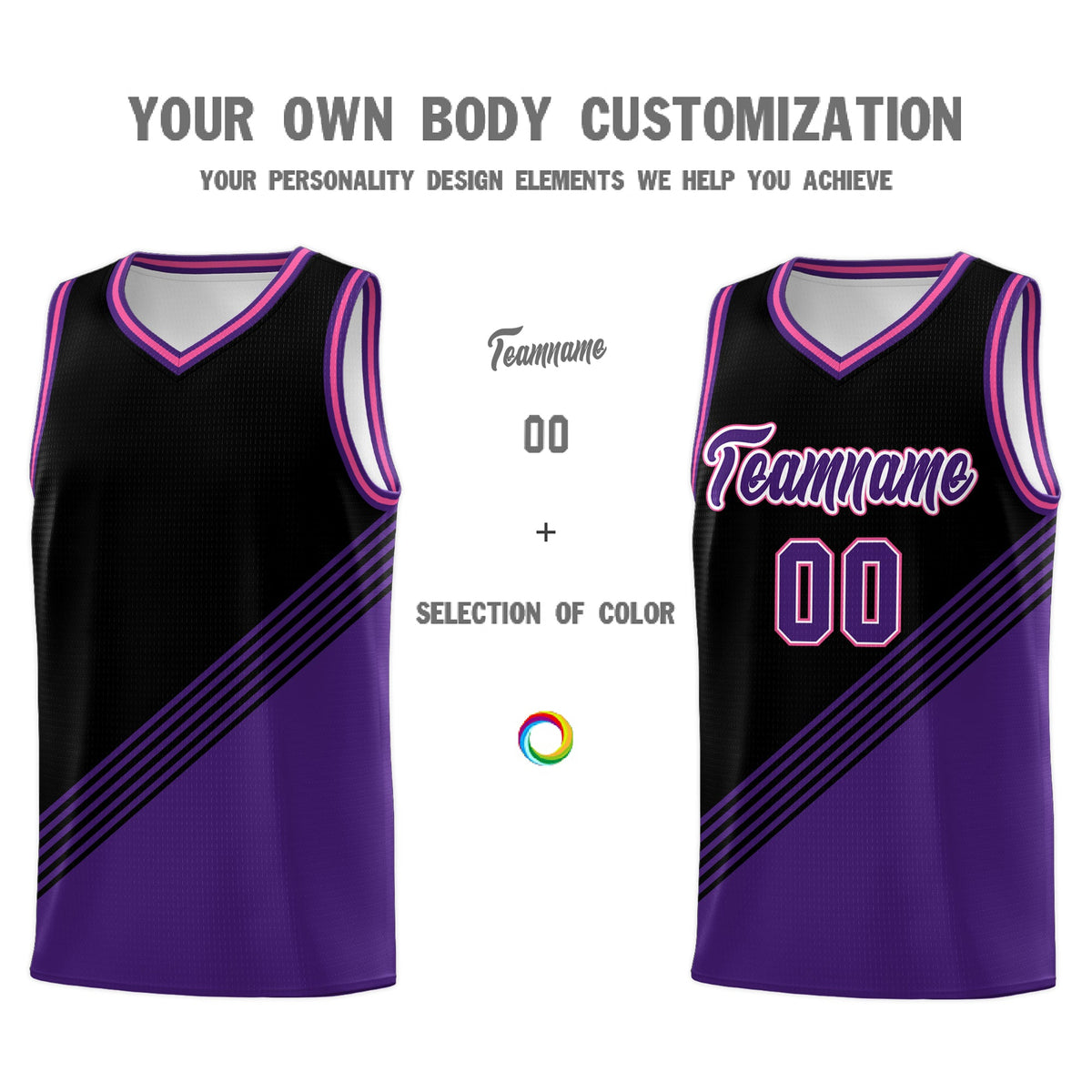 Custom Black Purple Pink Diagonal Stripes Color Block Sets Basketball Jersey | For Men,For Youth,Sublimation Printed,Perfect for Training,Perfect for Teams | KXKSHOP