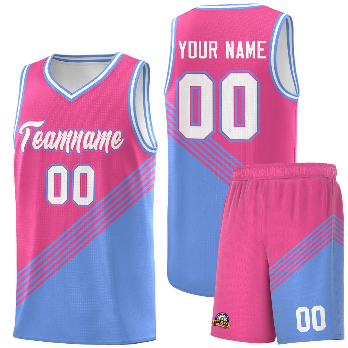 Custom Pink Light Blue White Diagonal Stripes Color Block Sets Basketball Jersey | For Men,For Youth,Sublimation Printed,Perfect for Training,Perfect for Teams | KXKSHOP