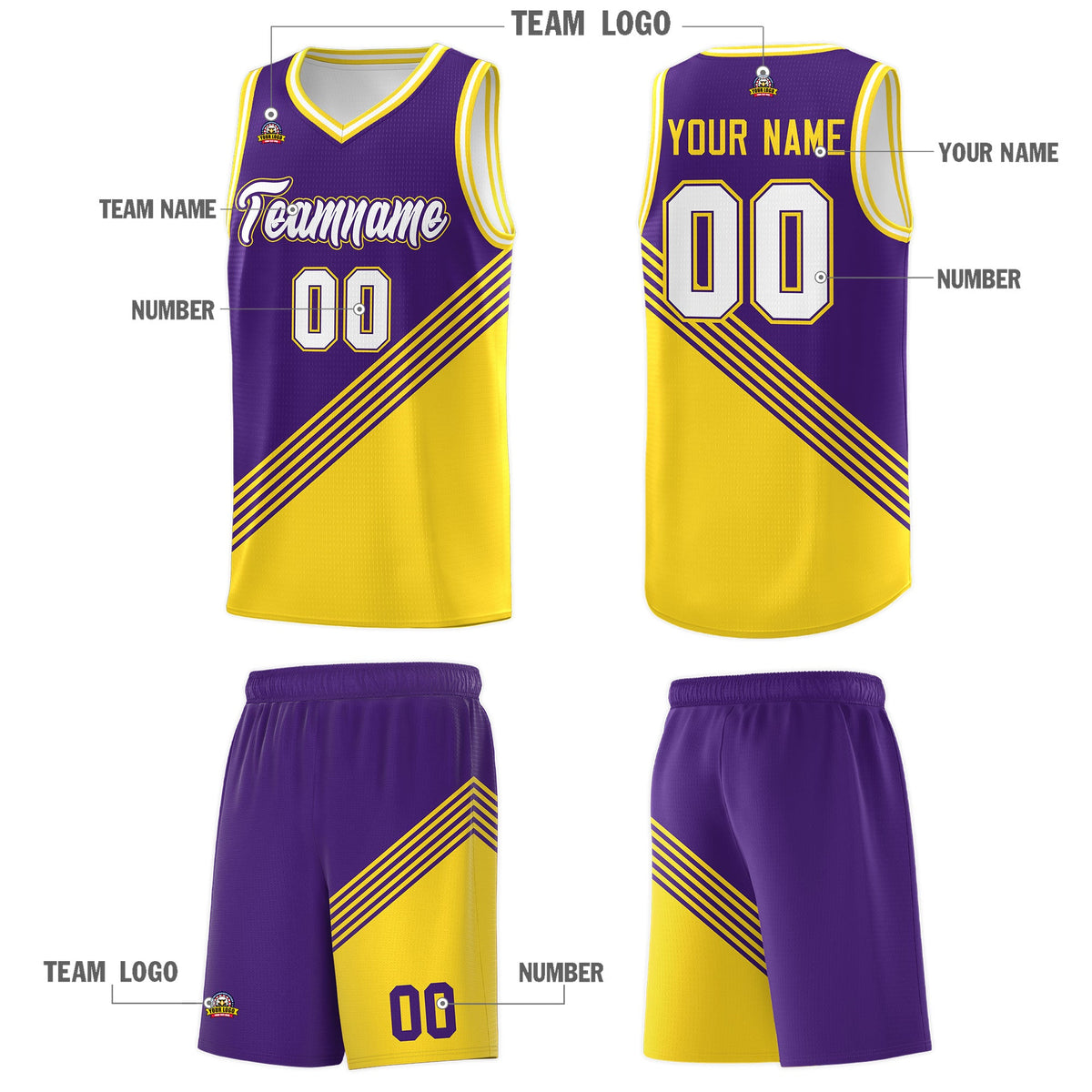 Custom Purple Gold White Diagonal Stripes Color Block Sets Basketball Jersey | For Men,For Youth,Sublimation Printed,Perfect for Training,Perfect for Teams | KXKSHOP