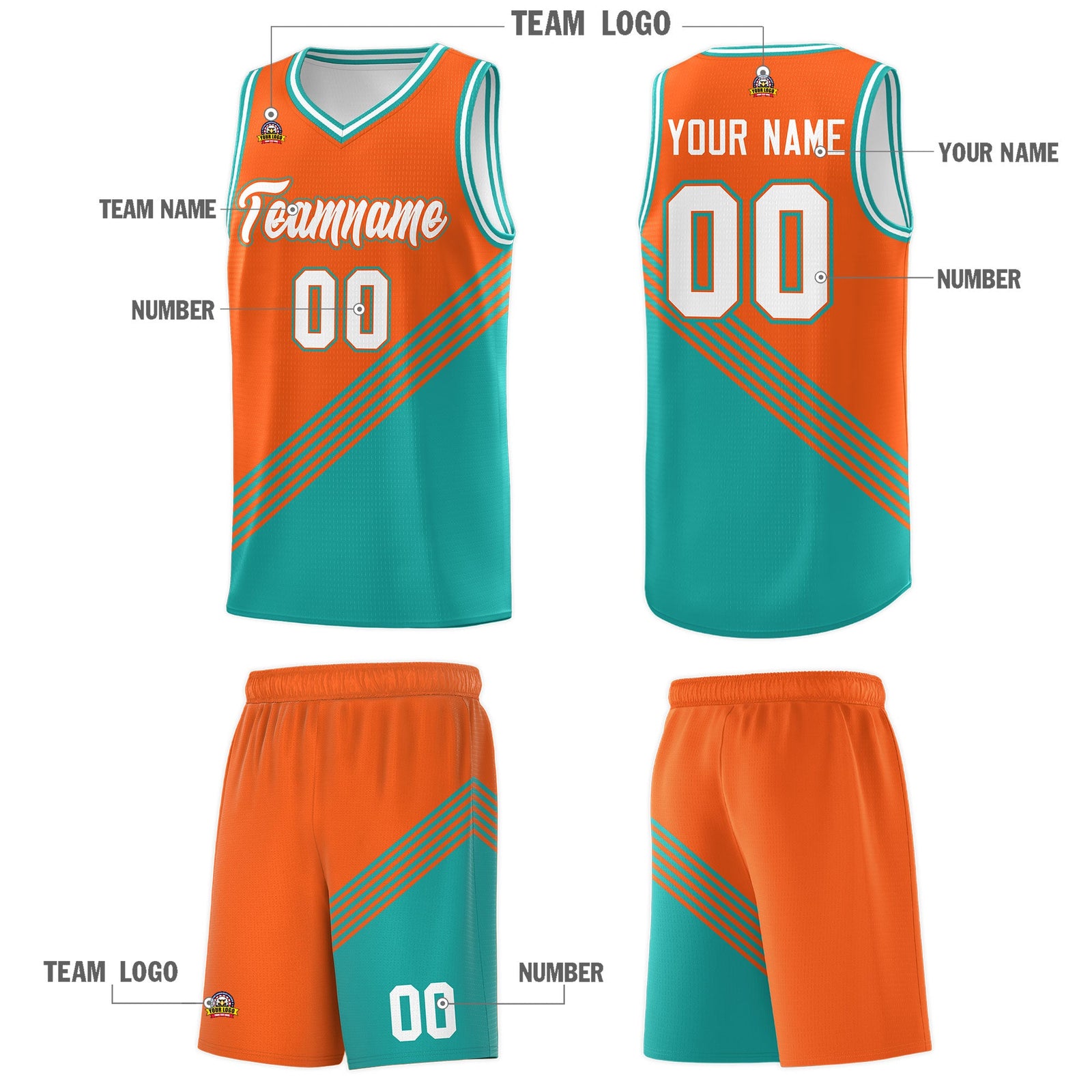 Custom Orange Aqua White Diagonal Stripes Color Block Sets Basketball Jersey | For Men,For Youth,Sublimation Printed,Perfect for Training,Perfect for Teams | KXKSHOP