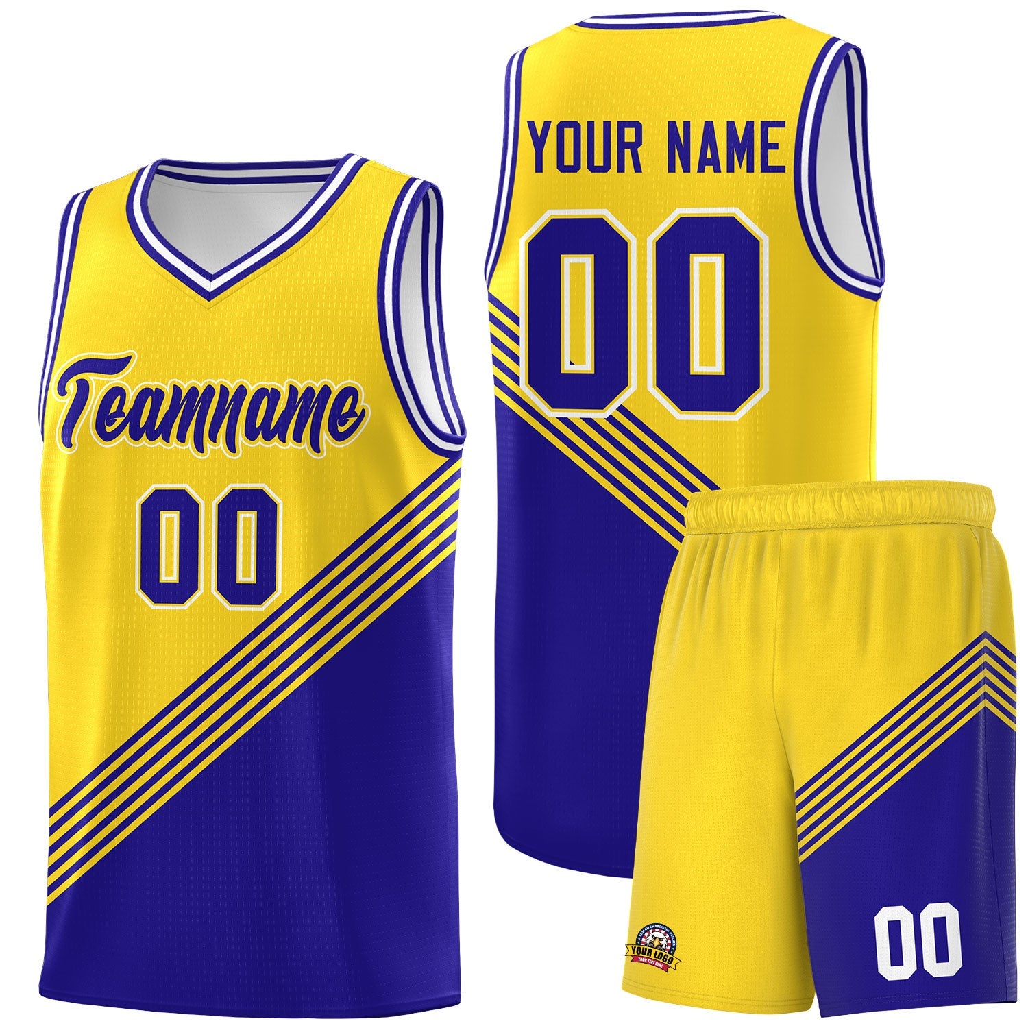 Custom Gold Royal Blue White Diagonal Stripes Color Block Sets Basketball Jersey | For Men,For Youth,Sublimation Printed,Perfect for Training,Perfect for Teams | KXKSHOP