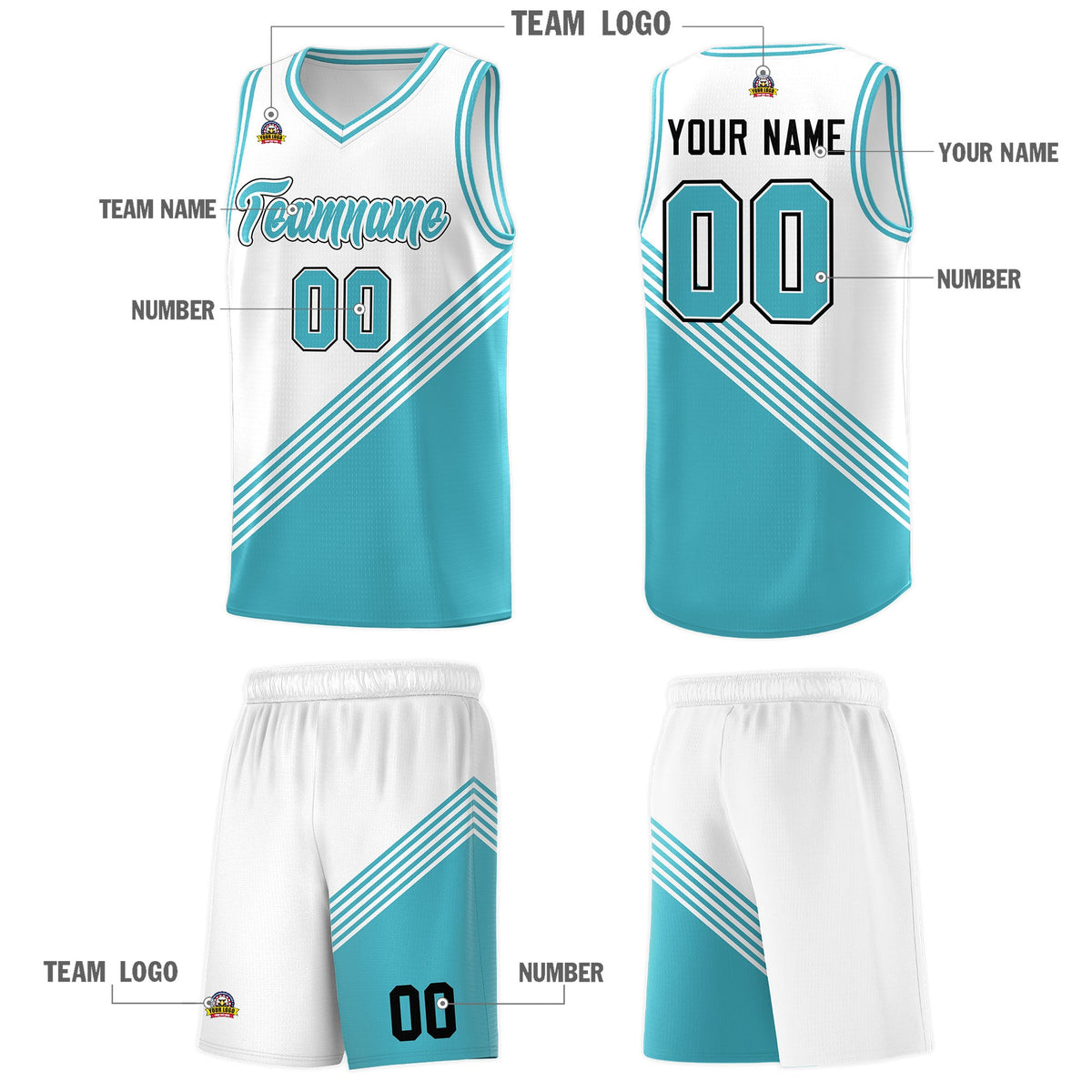 Custom White Sky Blue Diagonal Stripes Color Block Sets Basketball Jersey | For Men,For Youth,Sublimation Printed,Perfect for Training,Perfect for Teams | KXKSHOP