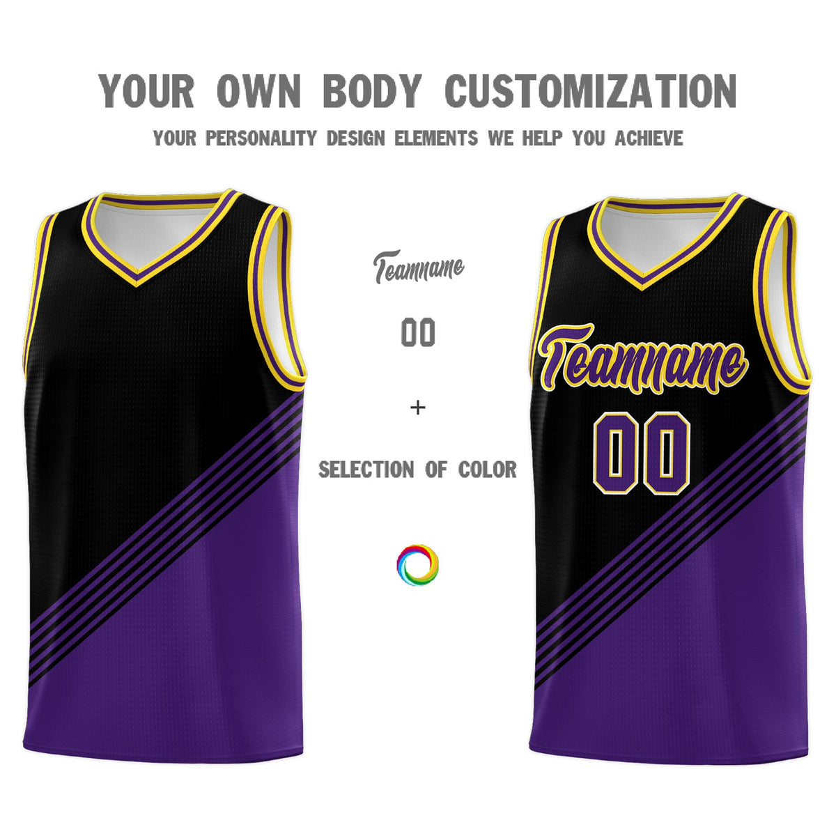 Custom Black Purple Gold Diagonal Stripes Color Block Sets Basketball Jersey | For Men,For Youth,Sublimation Printed,Perfect for Training,Perfect for Teams | KXKSHOP