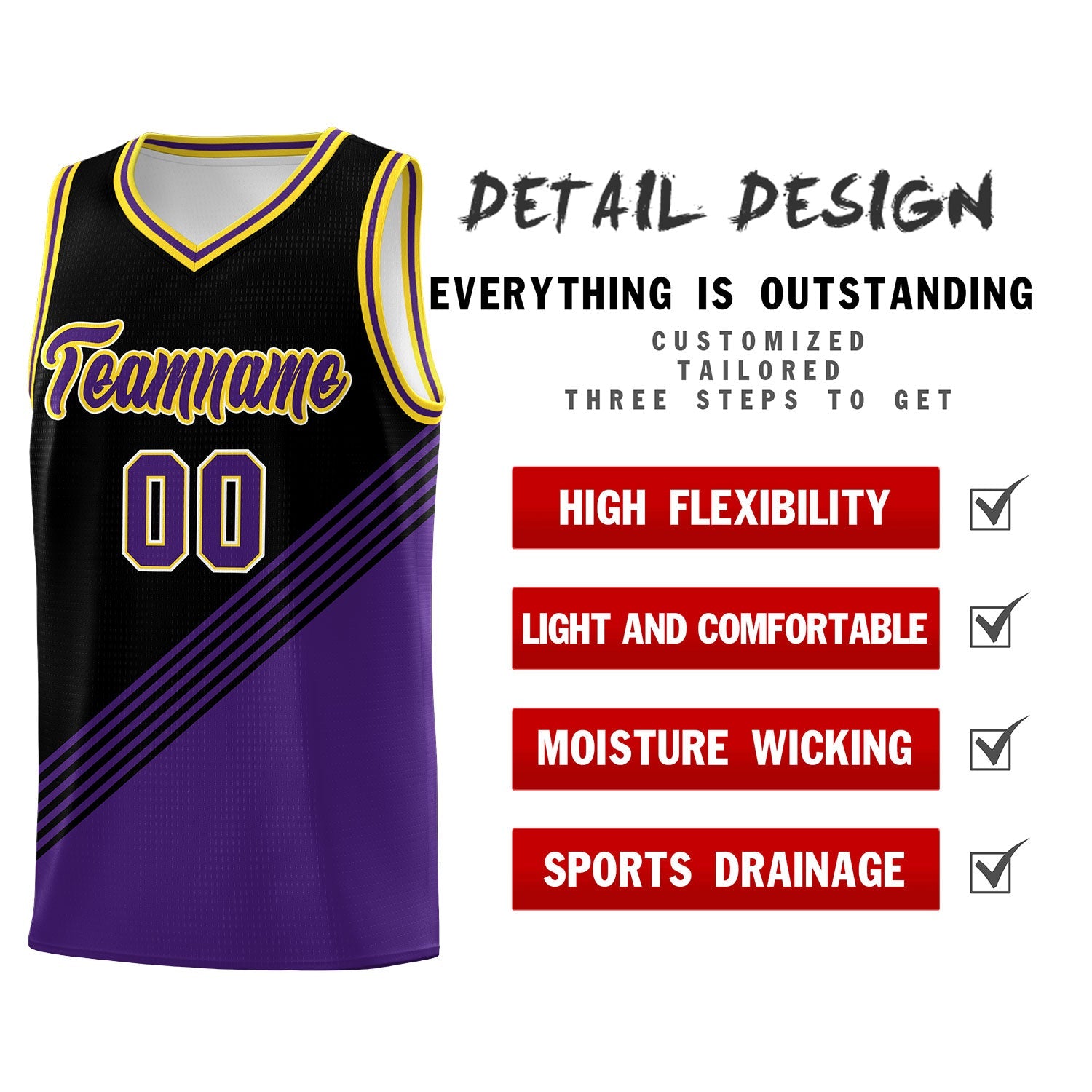 Custom Black Purple Gold Diagonal Stripes Color Block Sets Basketball Jersey | For Men,For Youth,Sublimation Printed,Perfect for Training,Perfect for Teams | KXKSHOP