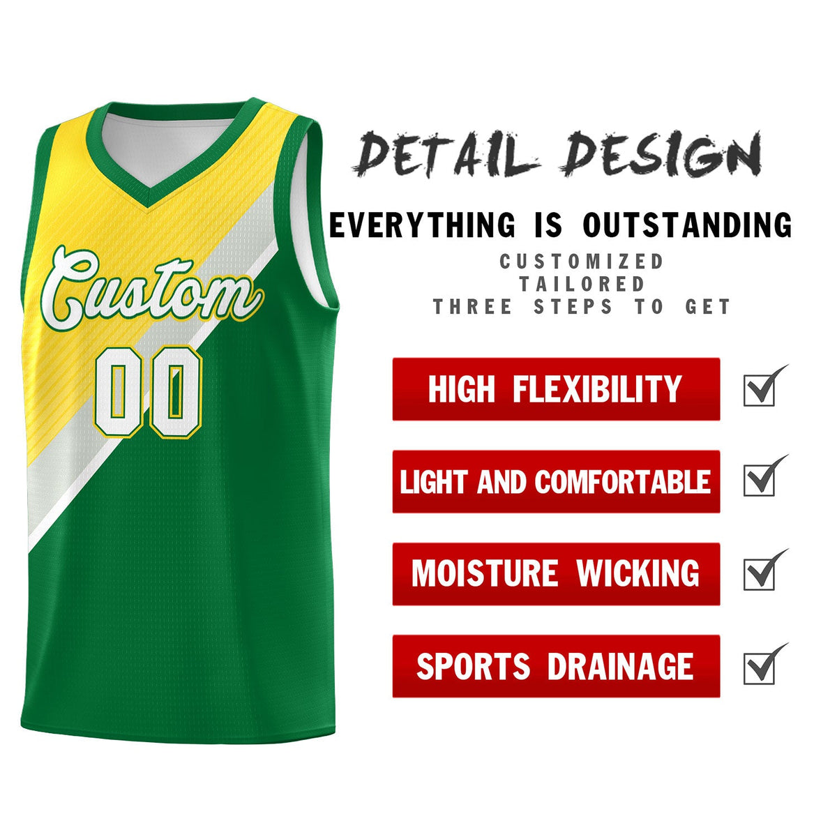 Custom Kelly Green Gray Diagonal Stripes Color Block Sets Basketball Jersey | For Men,Perfect for Teams,Perfect for Coaches,Sublimation Printed,For Kid,For Youth | KXKSHOP