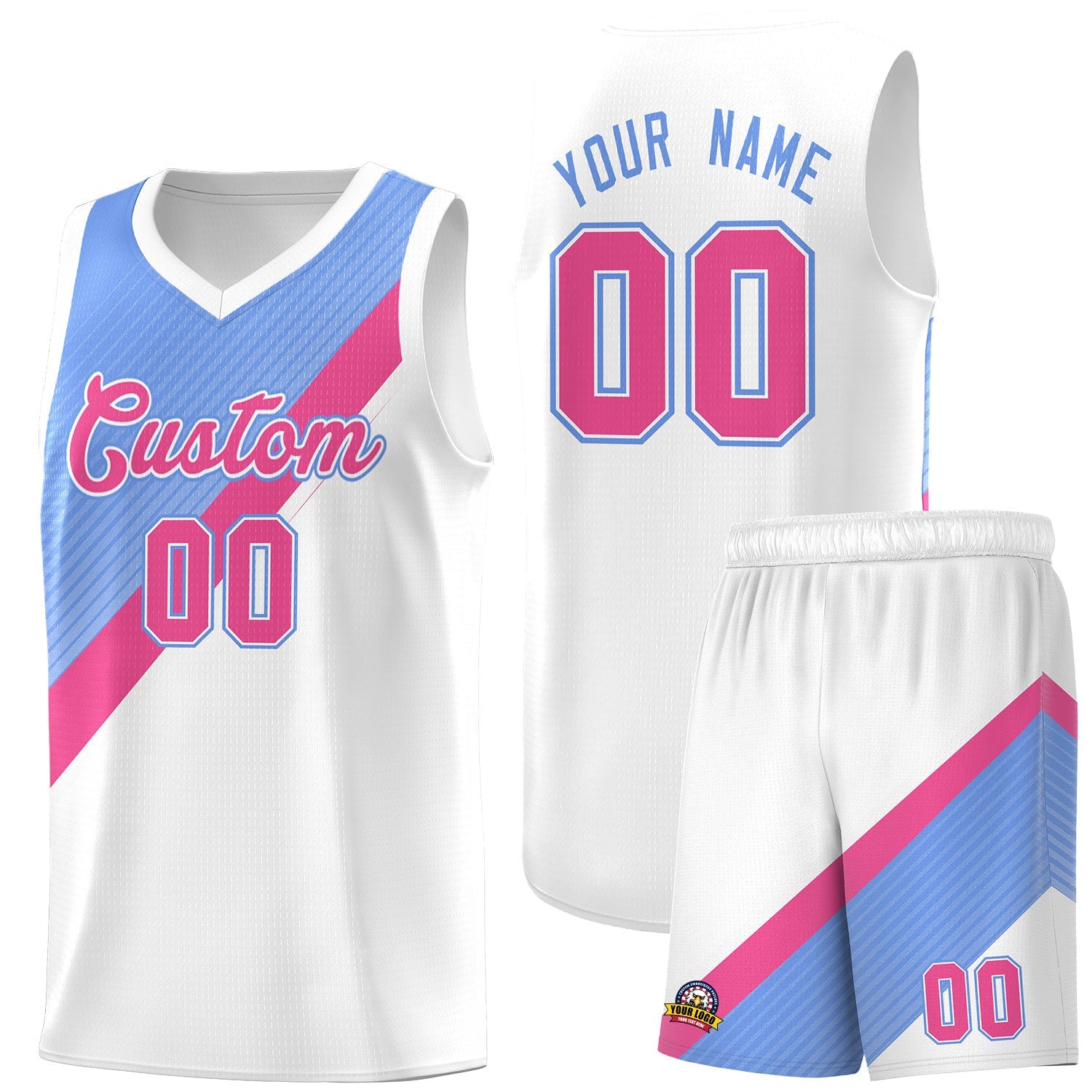 Custom Light Blue Pink White Diagonal Stripes Color Block Sets Basketball Jersey | For Men,Perfect for Teams,Perfect for Coaches,Sublimation Printed,For Kid,For Youth | KXKSHOP